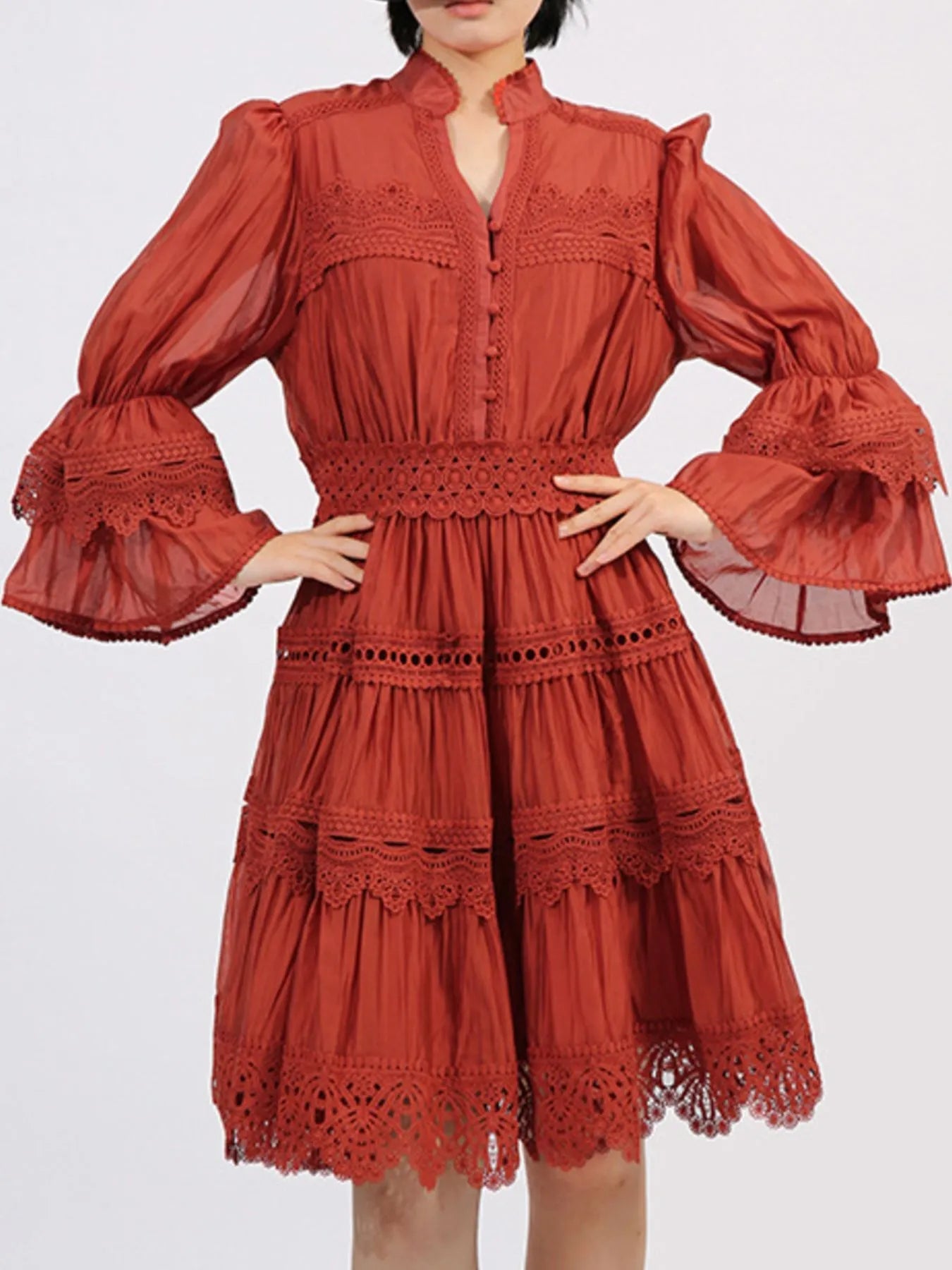 Ruffle Lace Trim Long Sleeve Dress - MAD RUFFI