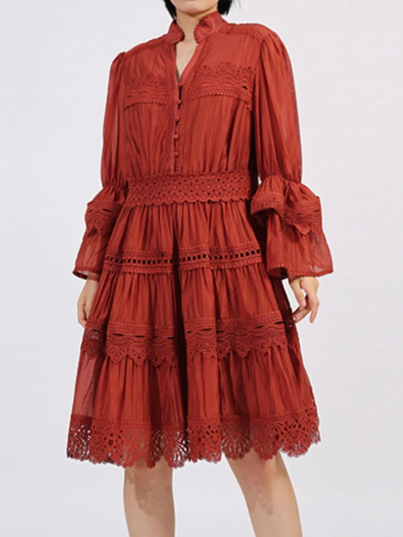 Ruffle Lace Trim Long Sleeve Dress - MAD RUFFI