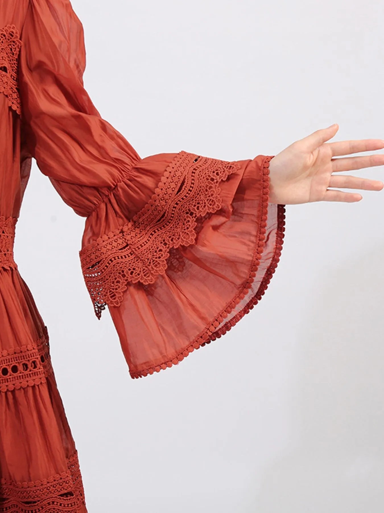 Ruffle Lace Trim Long Sleeve Dress - MAD RUFFI