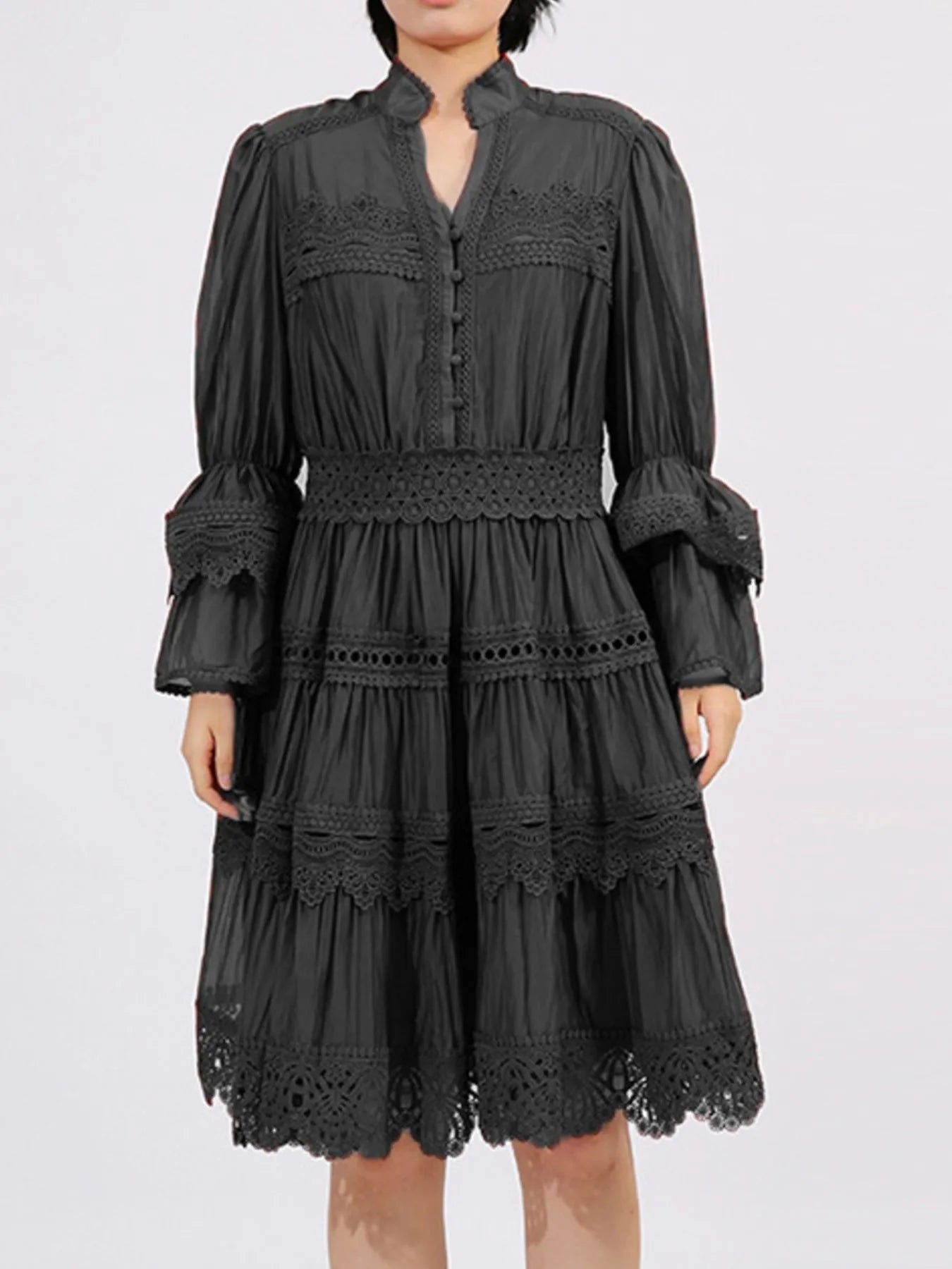 Ruffle Lace Trim Long Sleeve Dress - MAD RUFFI