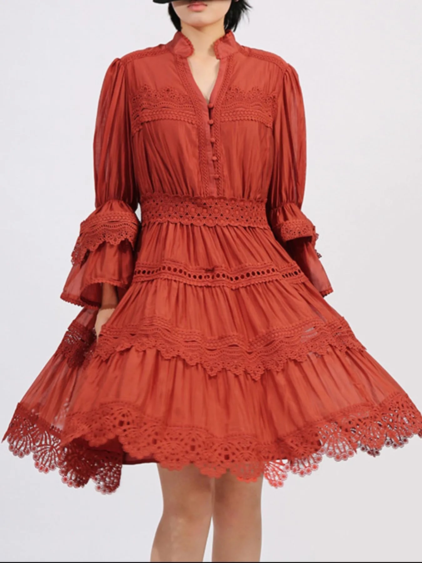 Ruffle Lace Trim Long Sleeve Dress - MAD RUFFI