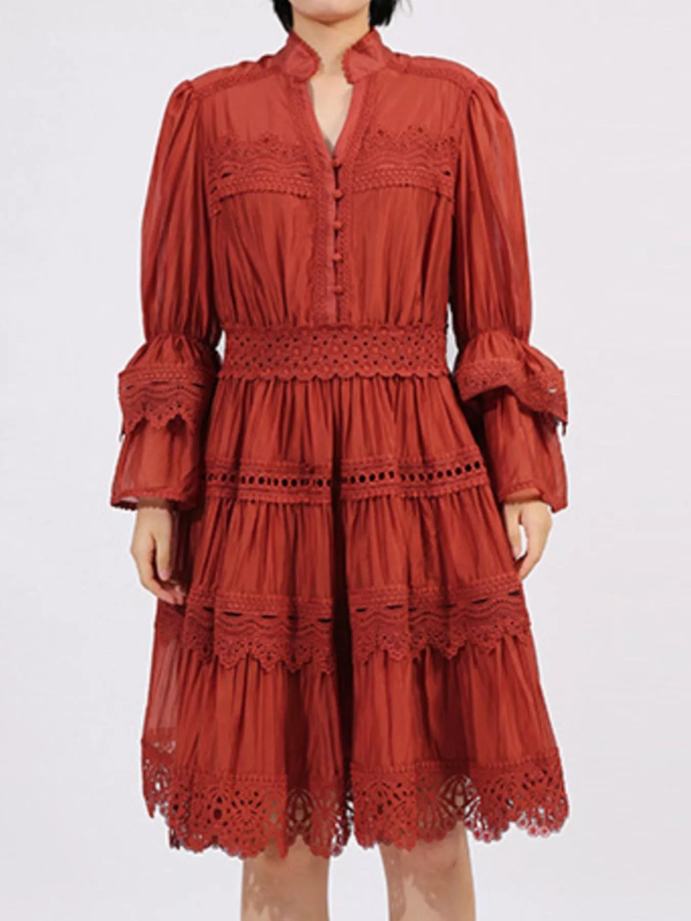 Ruffle Lace Trim Long Sleeve Dress - MAD RUFFI
