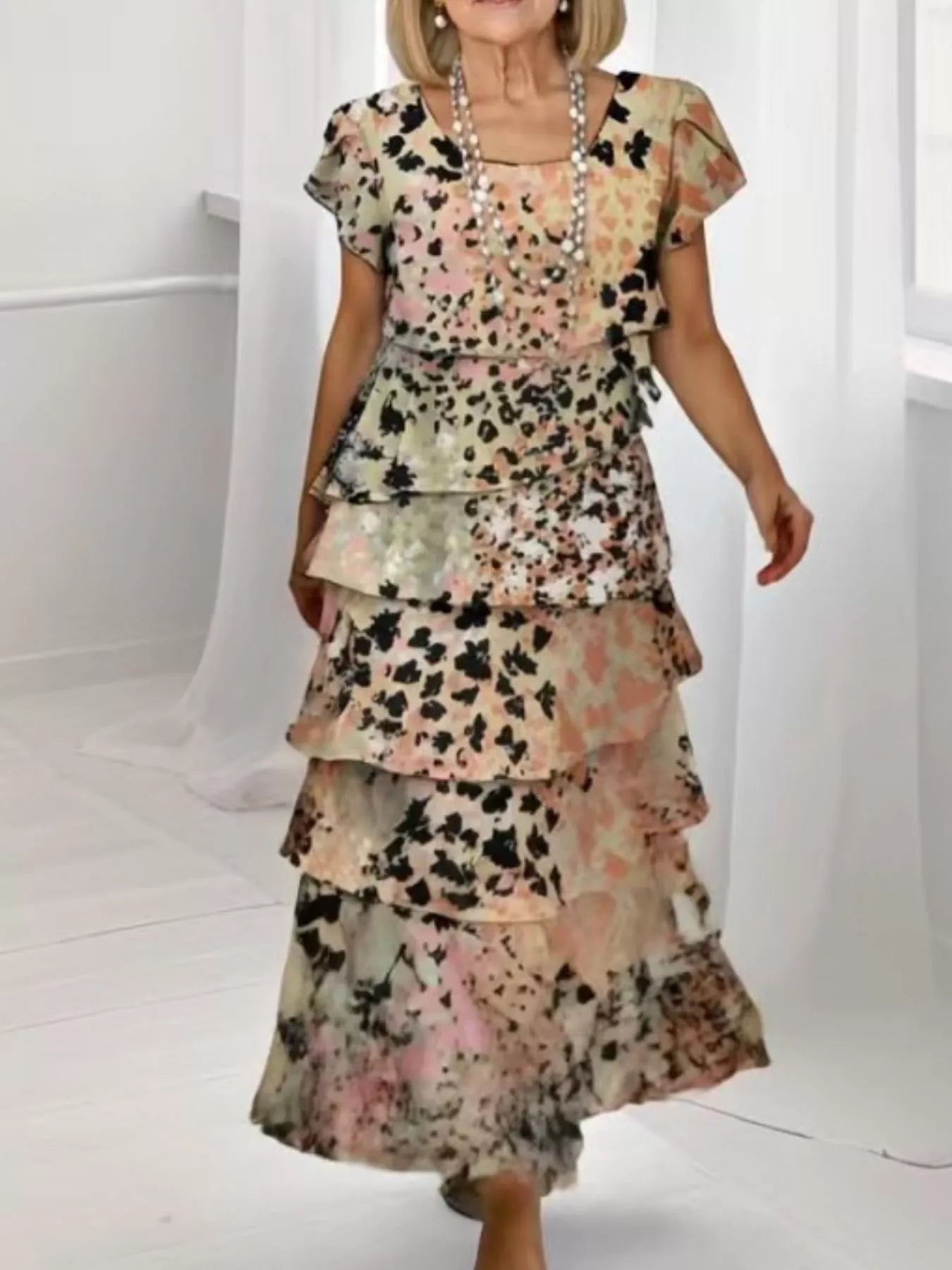 Ruffle Layered Printed Maxi Dress - MAD RUFFI