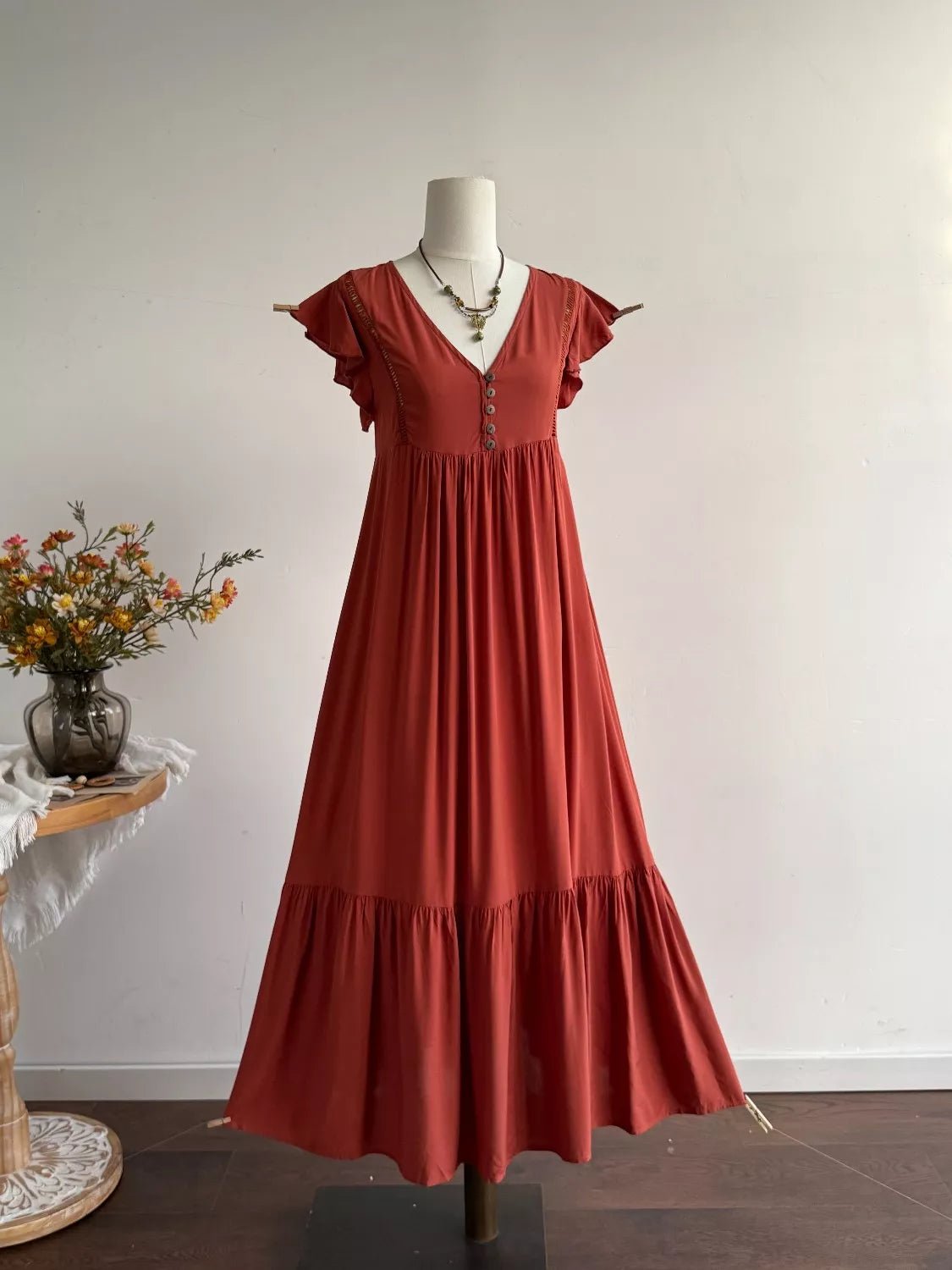 Ruffle Sleeve Maxi Dress with Button Detail - MAD RUFFI