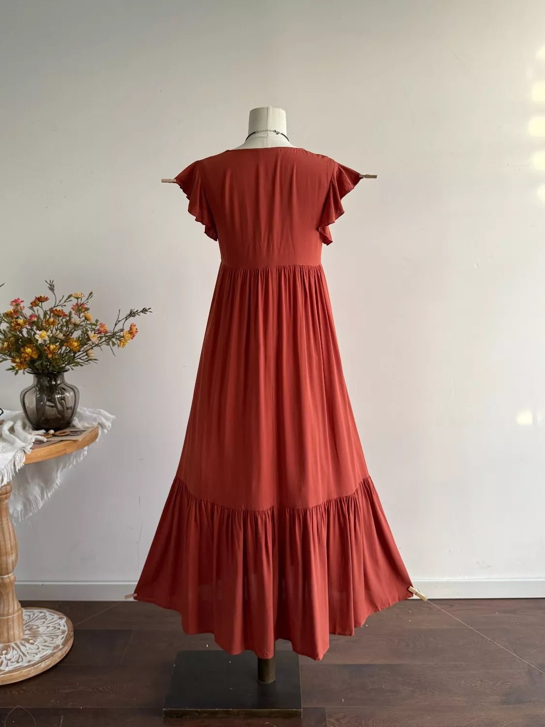 Ruffle Sleeve Maxi Dress with Button Detail - MAD RUFFI