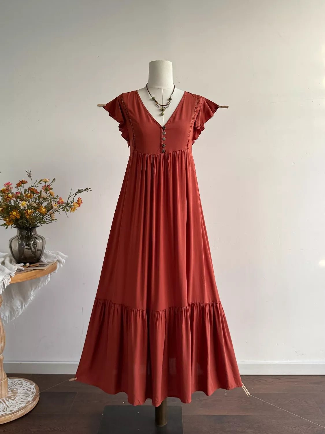 Ruffle Sleeve Maxi Dress with Button Detail - MAD RUFFI