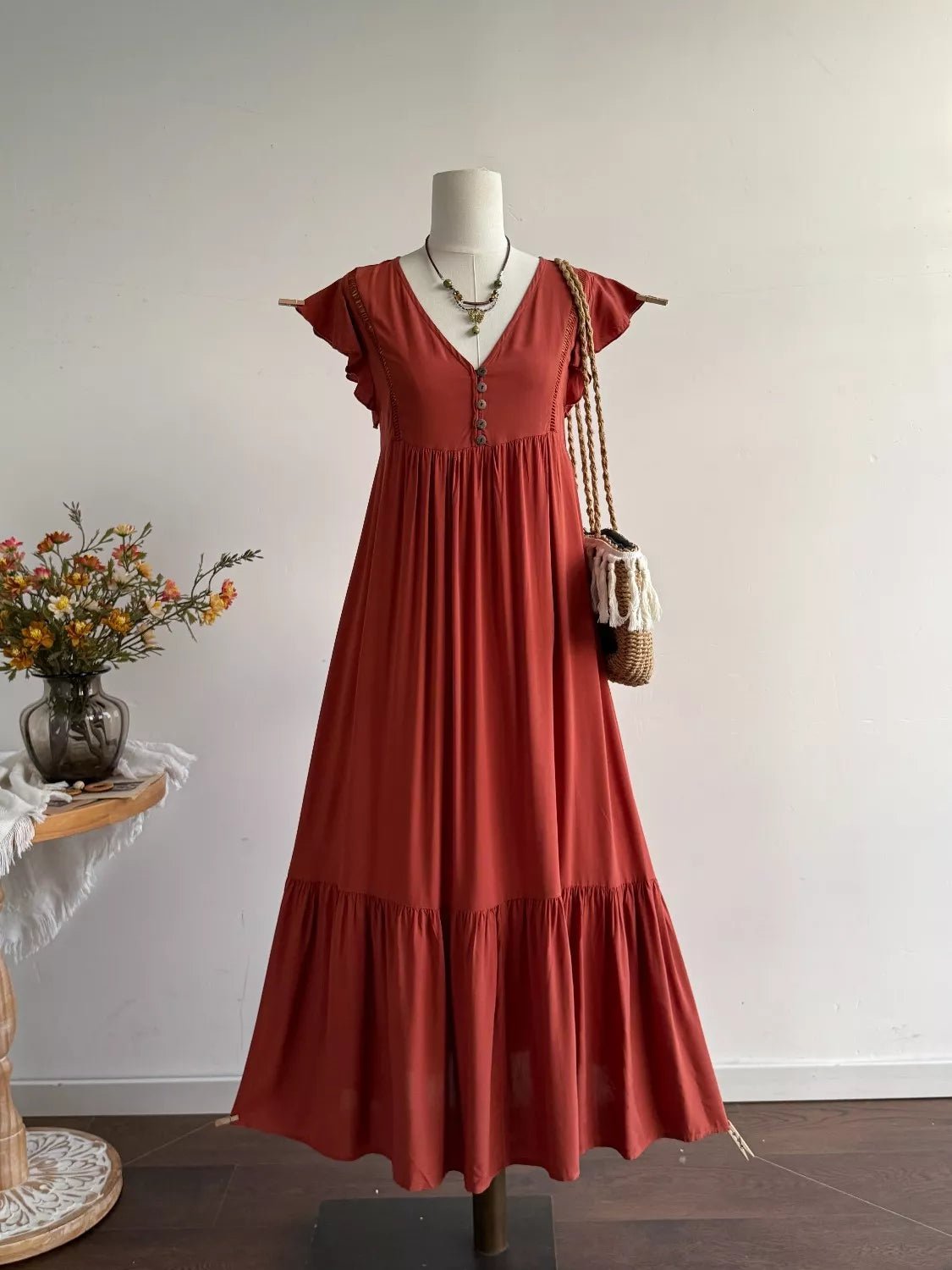 Ruffle Sleeve Maxi Dress with Button Detail - MAD RUFFI