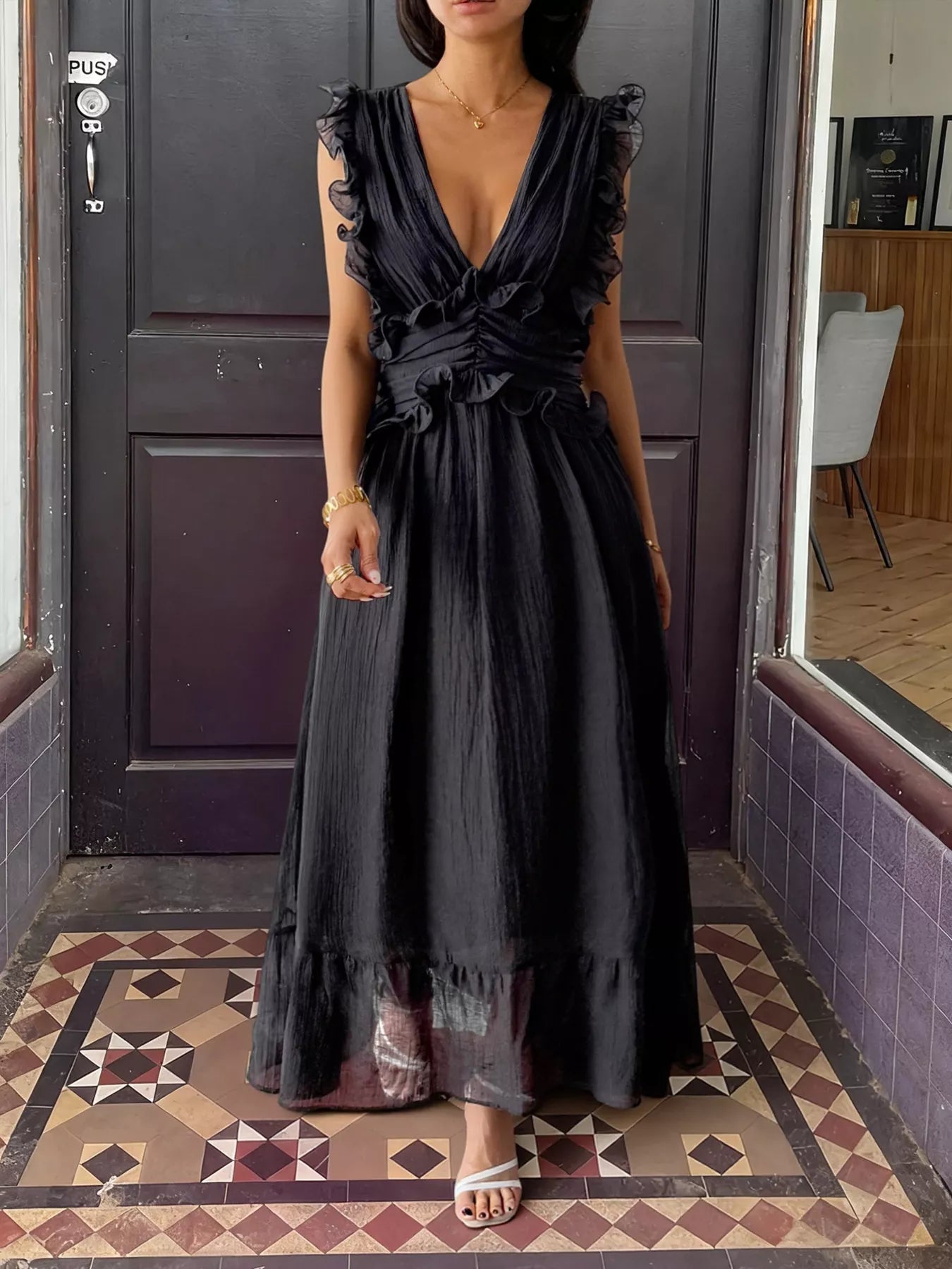 Ruffle Trim Deep V - Neck Maxi Dress - MAD RUFFI