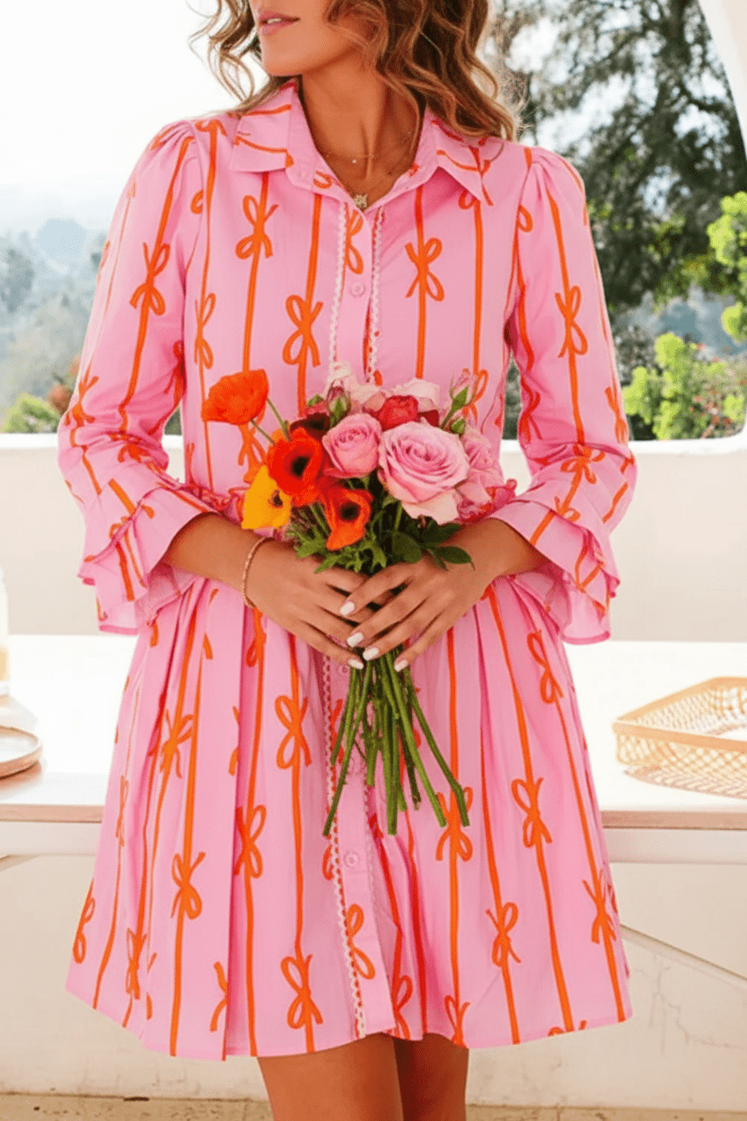 Ruffled Bow Printed Three - Quarter Sleeve Shirt Dress - MAD RUFFI