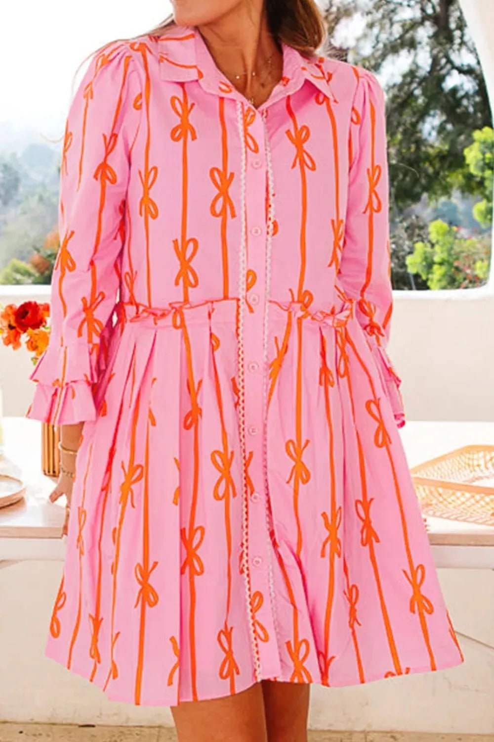 Ruffled Bow Printed Three - Quarter Sleeve Shirt Dress - MAD RUFFI