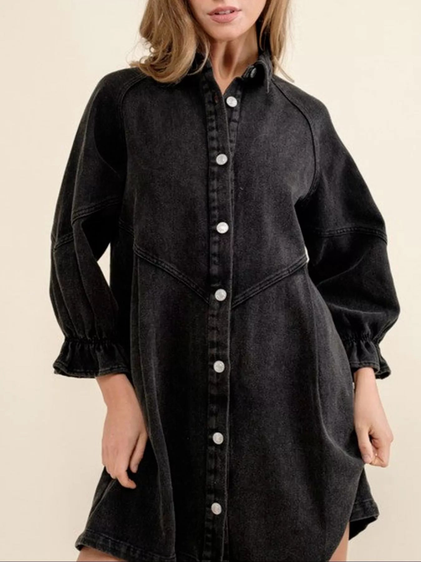 Ruffled Cuff Button - Down Denim Dress - MAD RUFFI