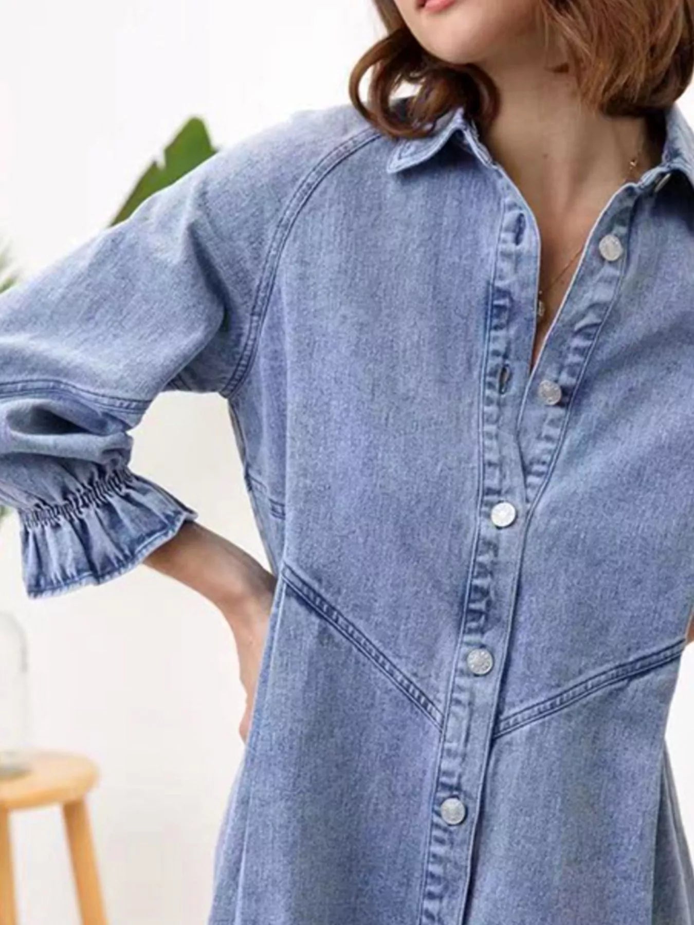 Ruffled Cuff Button - Down Denim Dress - MAD RUFFI