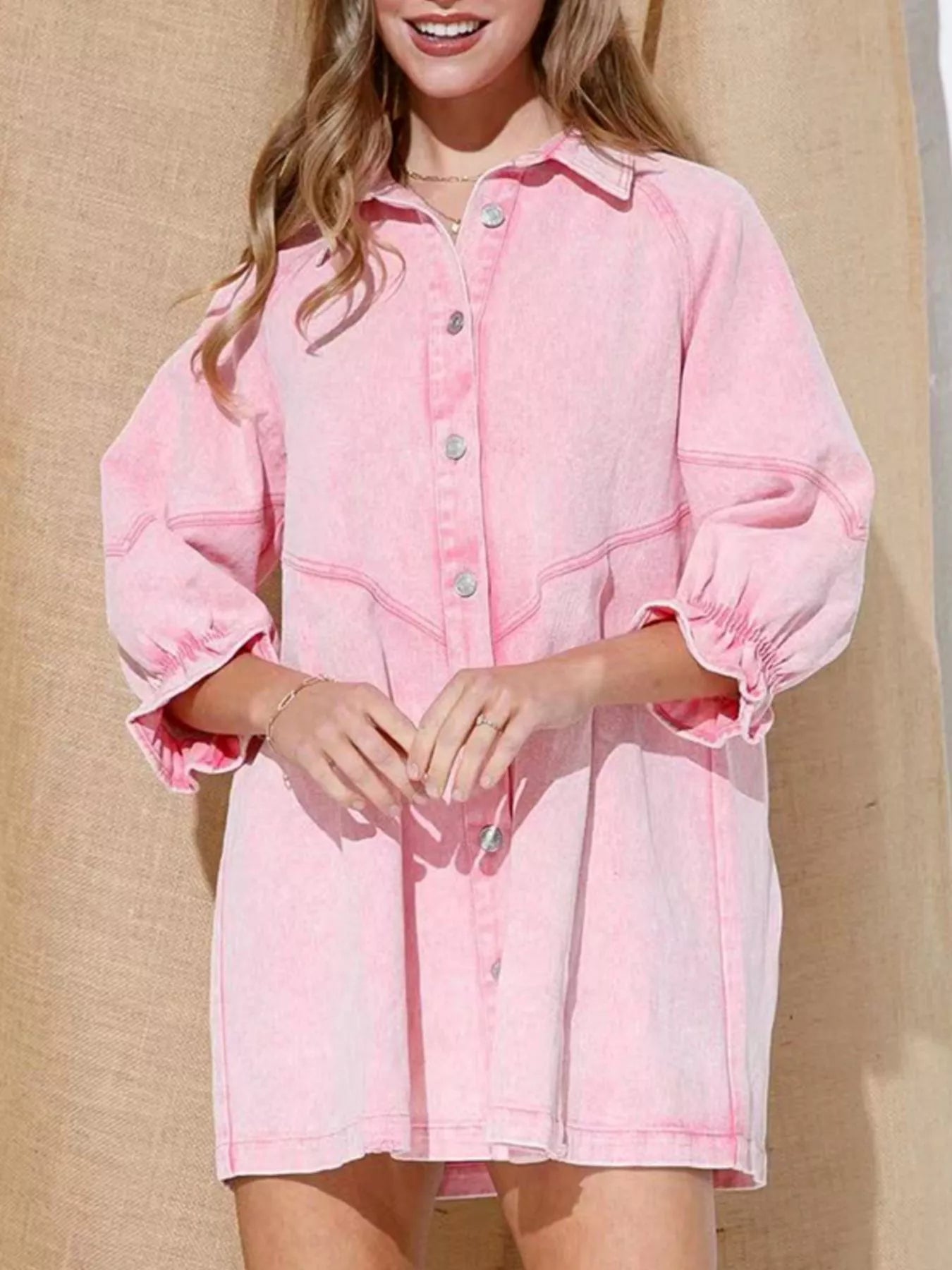 Ruffled Cuff Button - Down Denim Dress - MAD RUFFI