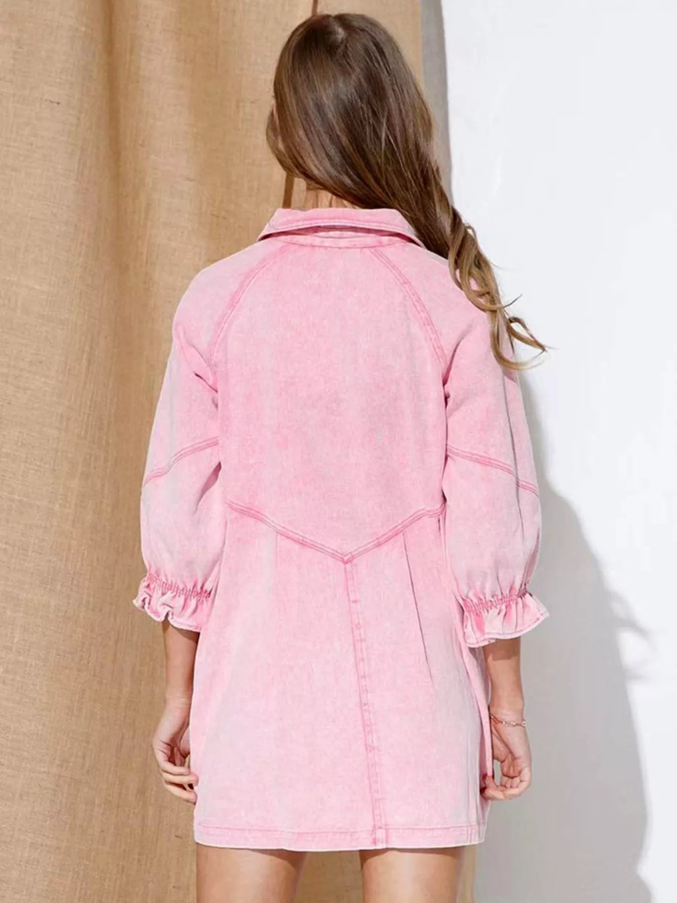 Ruffled Cuff Button - Down Denim Dress - MAD RUFFI