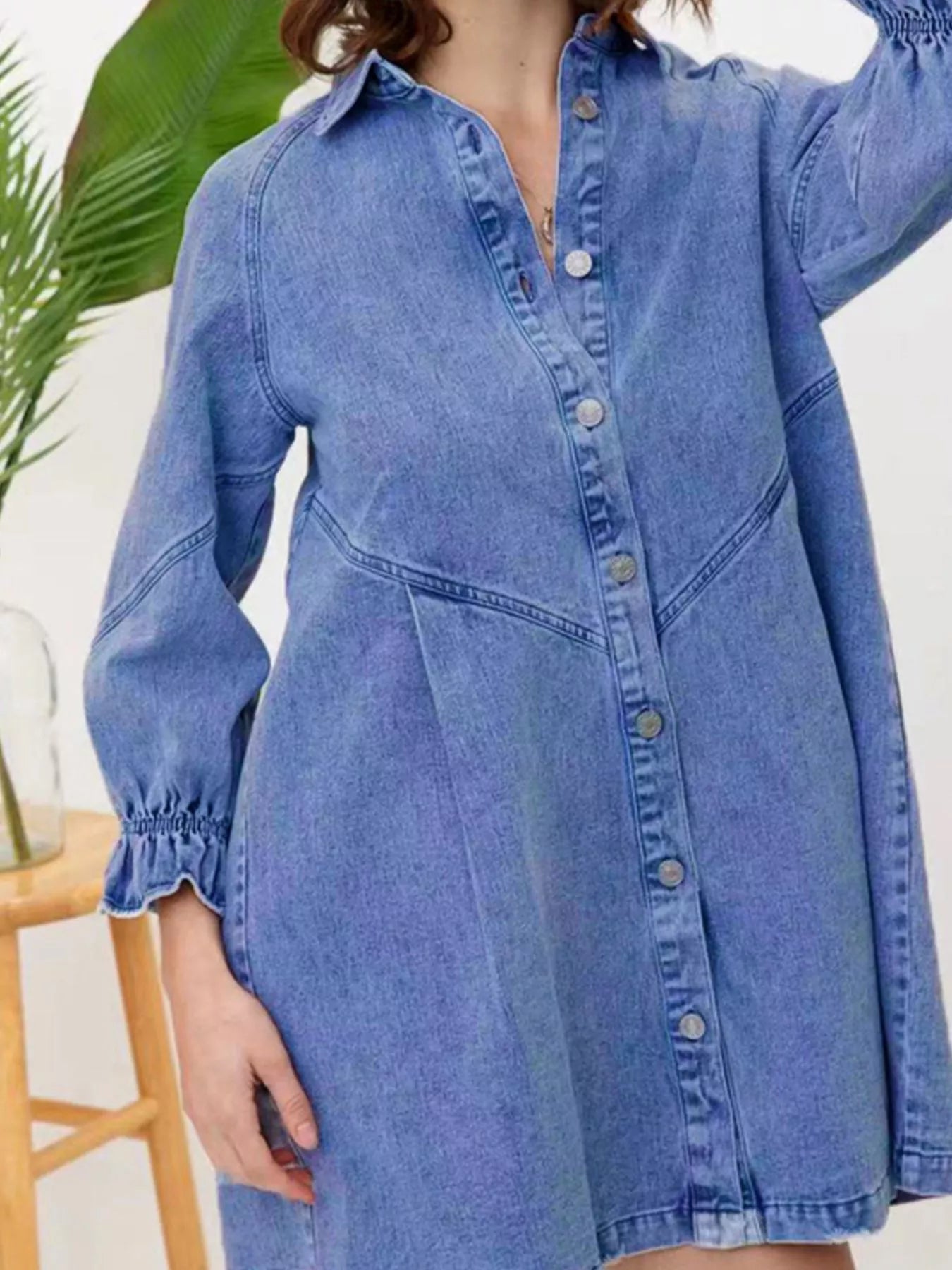 Ruffled Cuff Button - Down Denim Dress - MAD RUFFI