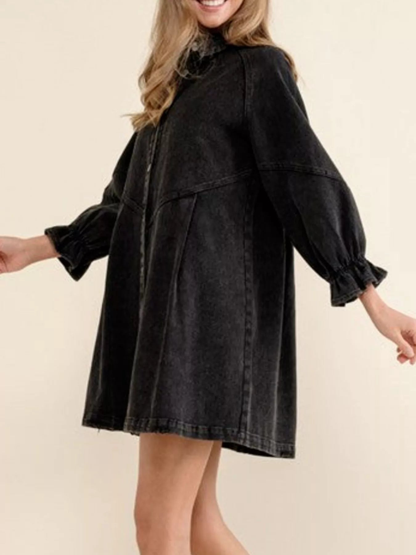 Ruffled Cuff Button - Down Denim Dress - MAD RUFFI