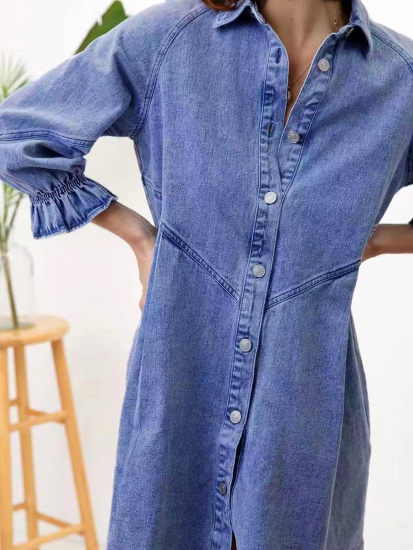 Ruffled Cuff Button - Down Denim Dress - MAD RUFFI