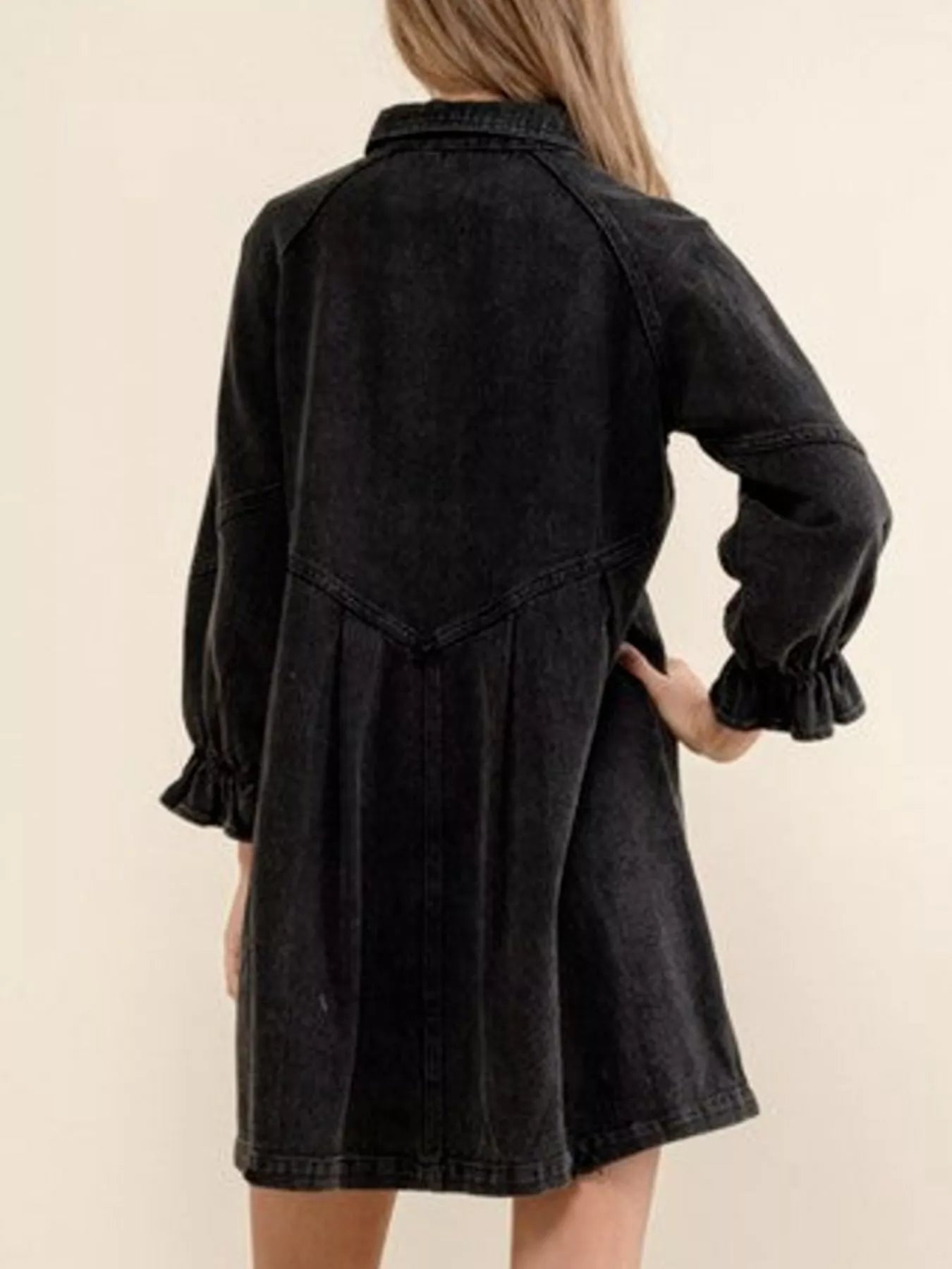 Ruffled Cuff Button - Down Denim Dress - MAD RUFFI