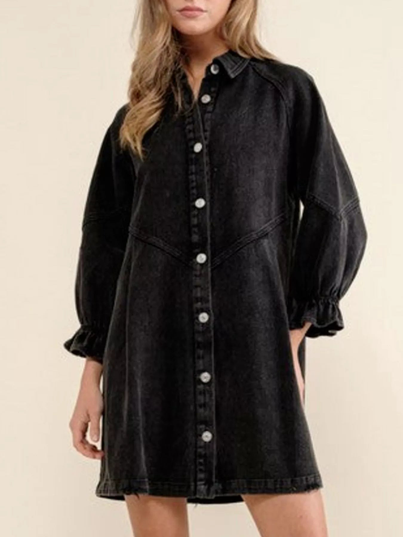 Ruffled Cuff Button - Down Denim Dress - MAD RUFFI