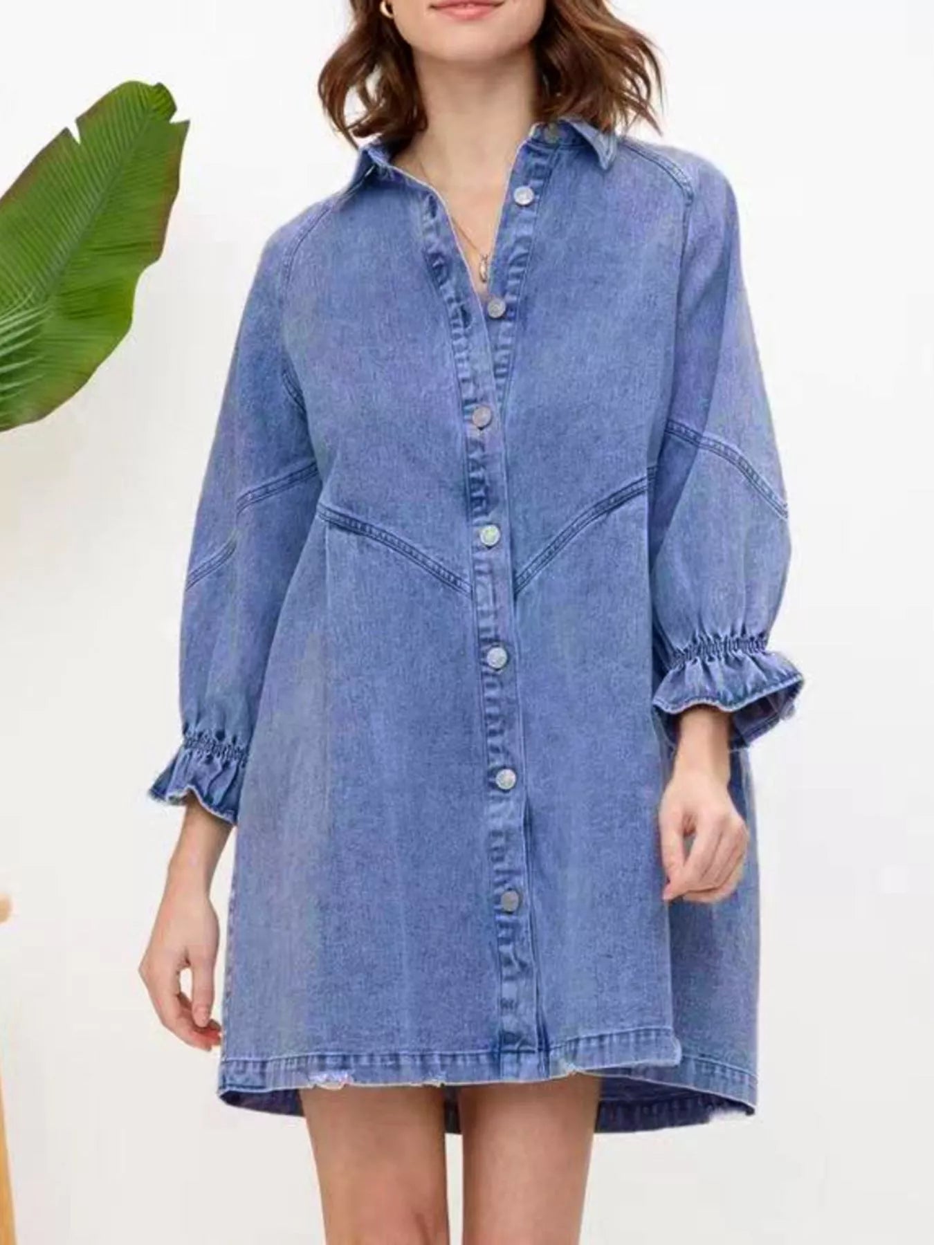 Ruffled Cuff Button - Down Denim Dress - MAD RUFFI