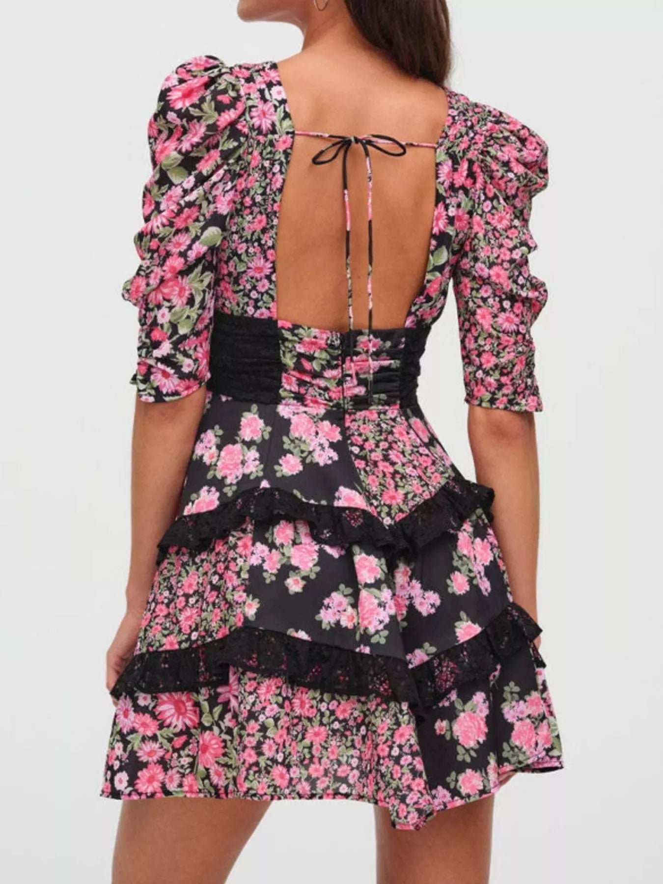 Ruffled Floral Print Half Sleeve Dress - MAD RUFFI