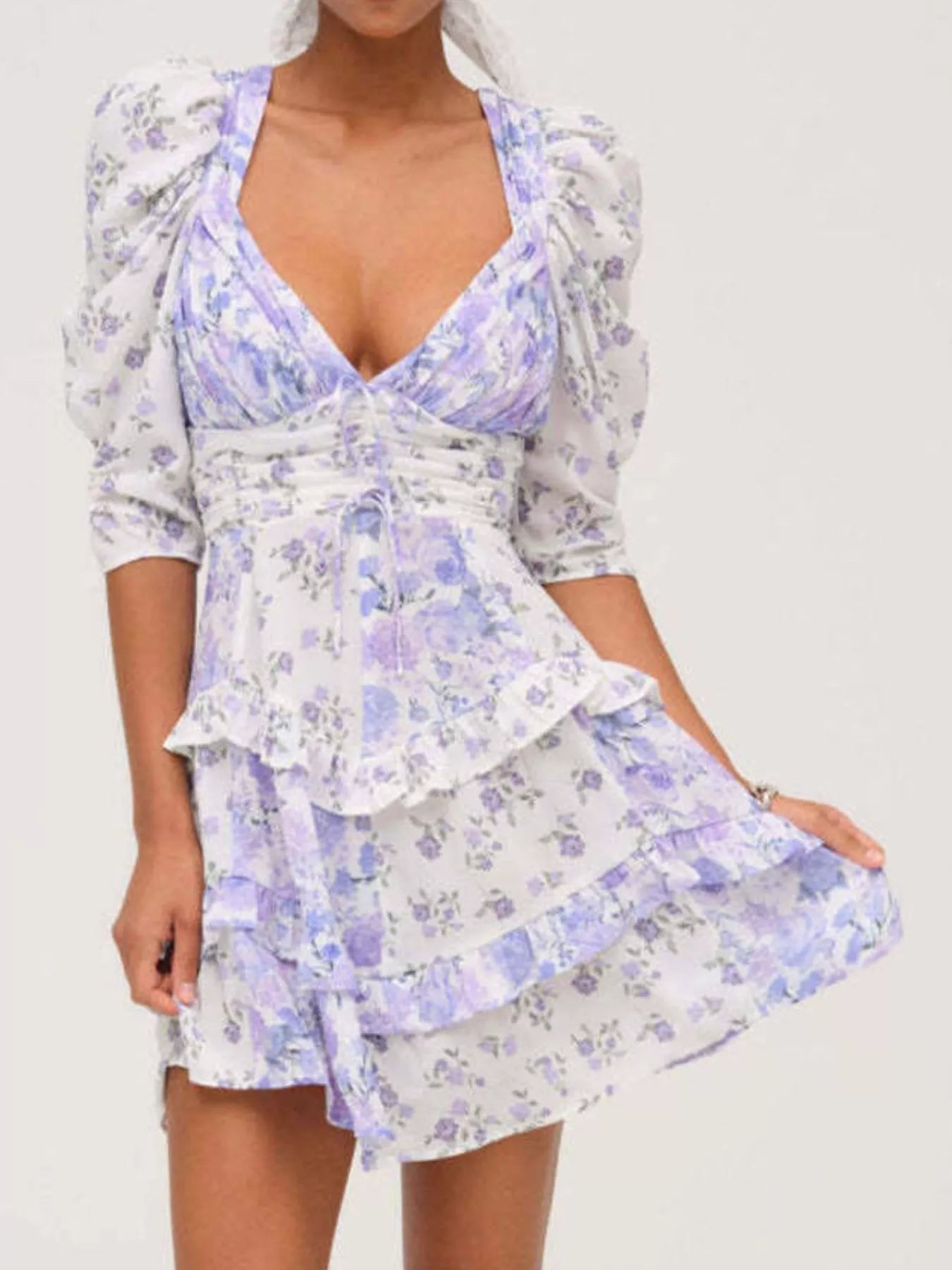 Ruffled Floral Print Half Sleeve Dress - MAD RUFFI