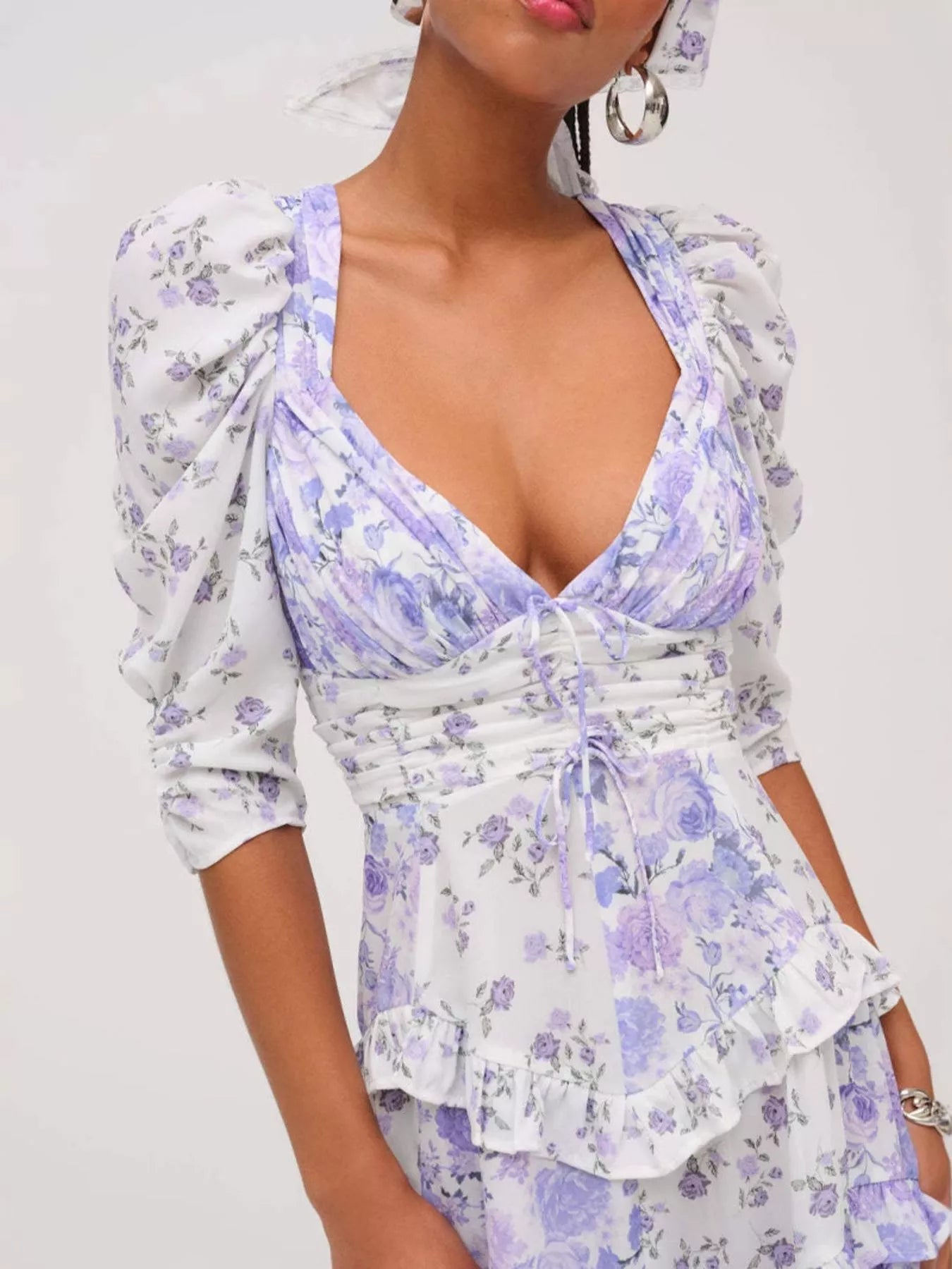 Ruffled Floral Print Half Sleeve Dress - MAD RUFFI