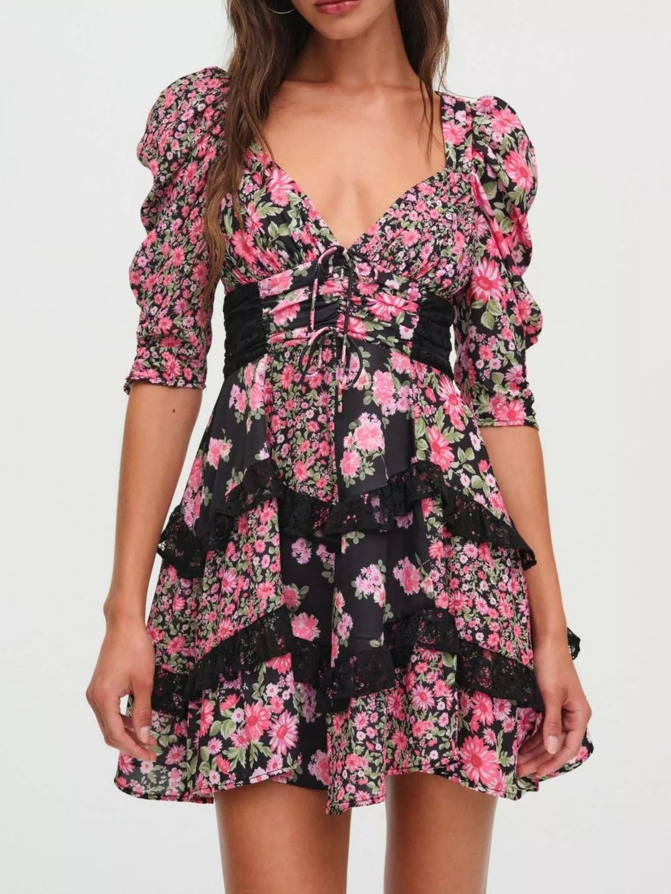 Ruffled Floral Print Half Sleeve Dress - MAD RUFFI