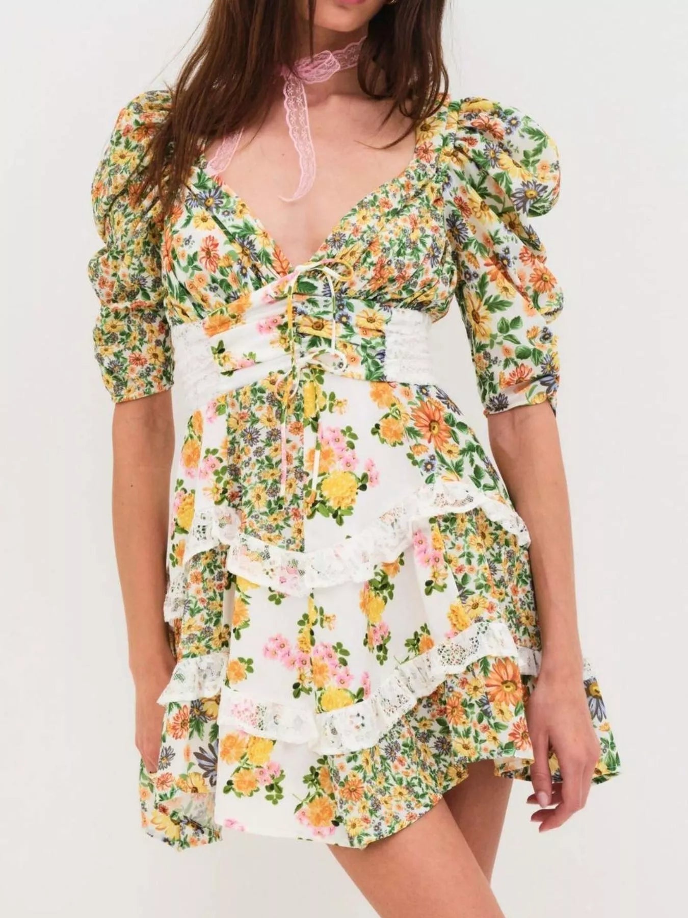 Ruffled Floral Print Half Sleeve Dress - MAD RUFFI