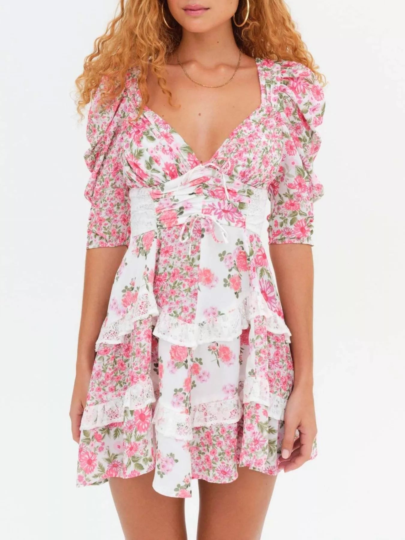 Ruffled Floral Print Half Sleeve Dress - MAD RUFFI
