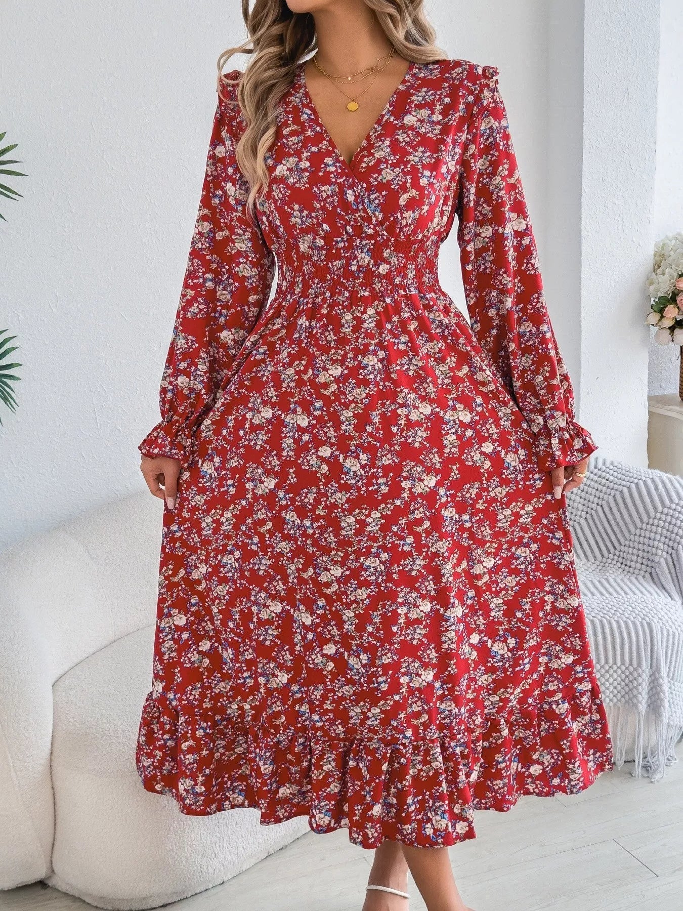 Ruffled Floral V - Neck Flounce Sleeve Dress - MAD RUFFI