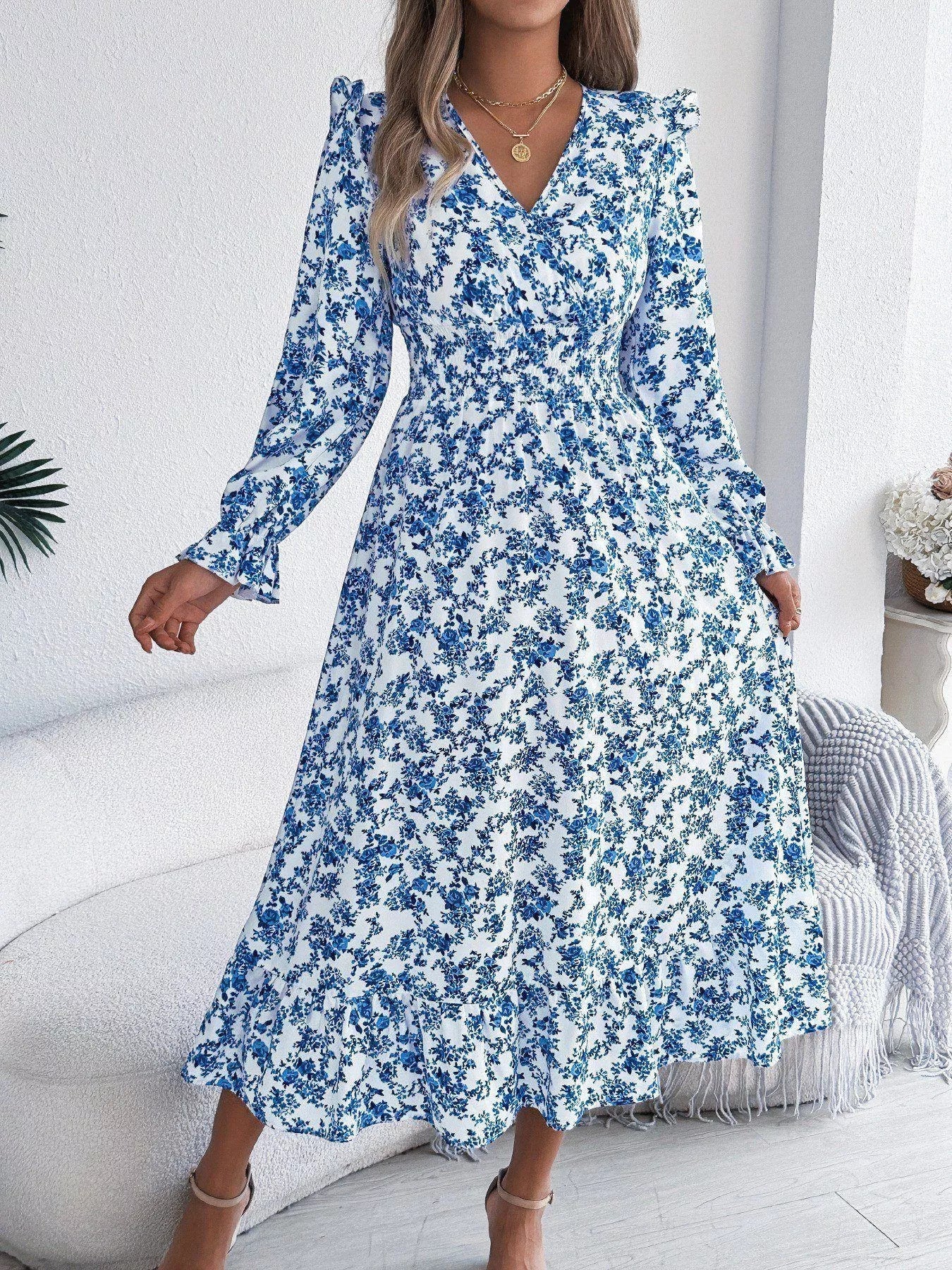 Ruffled Floral V - Neck Flounce Sleeve Dress - MAD RUFFI