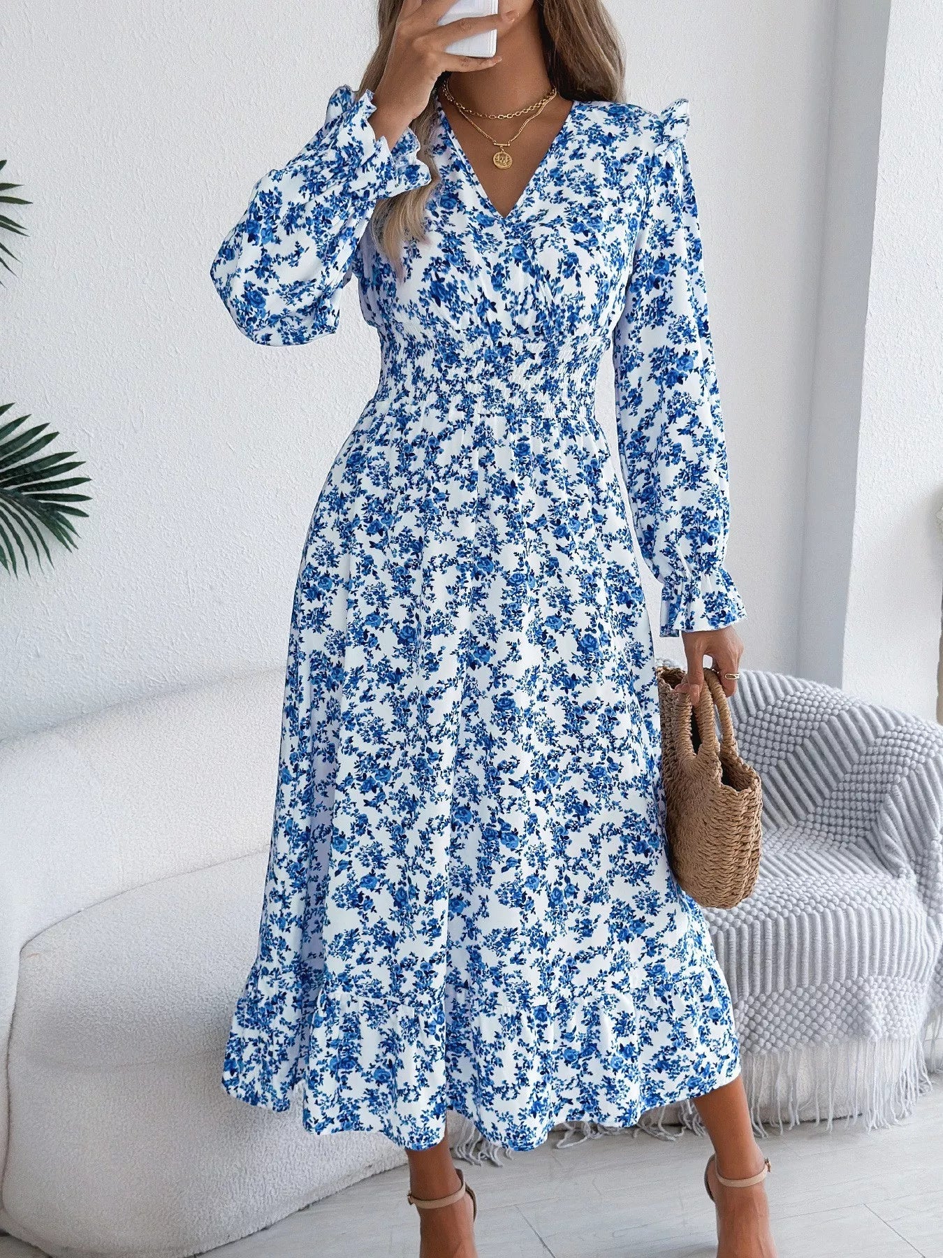 Ruffled Floral V - Neck Flounce Sleeve Dress - MAD RUFFI