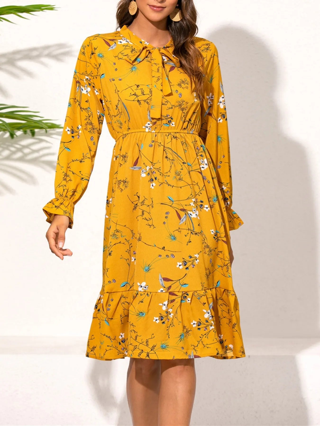 Ruffled Hem Floral Print Long Sleeve Dress - MAD RUFFI