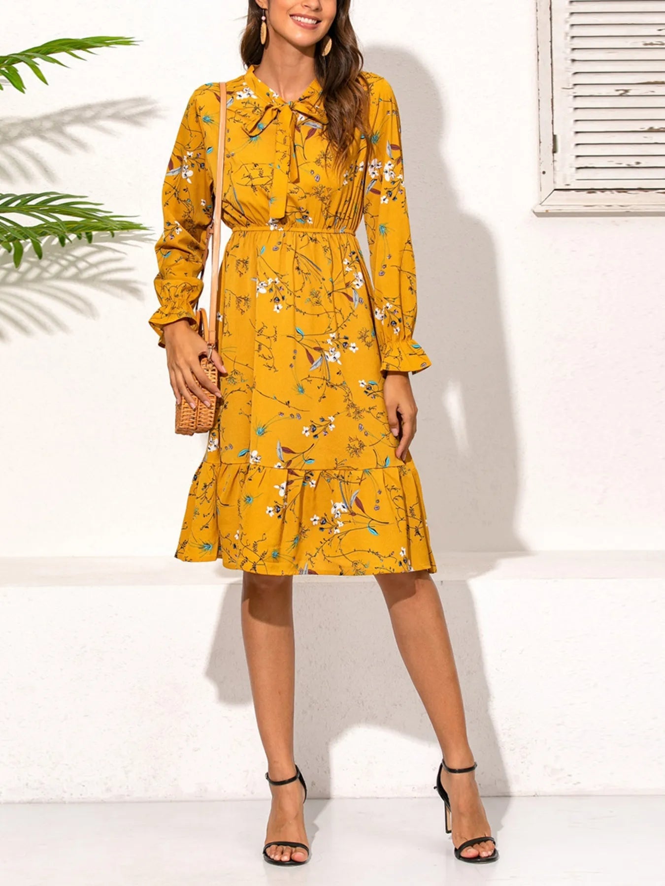 Ruffled Hem Floral Print Long Sleeve Dress - MAD RUFFI