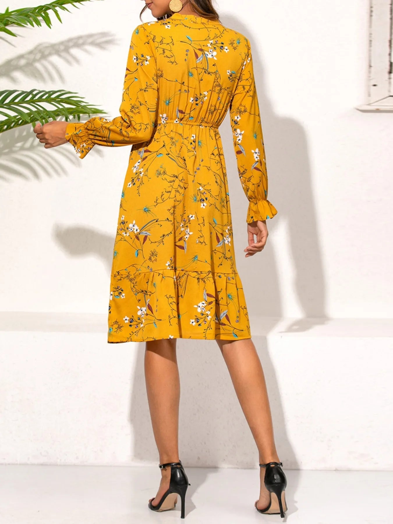 Ruffled Hem Floral Print Long Sleeve Dress - MAD RUFFI