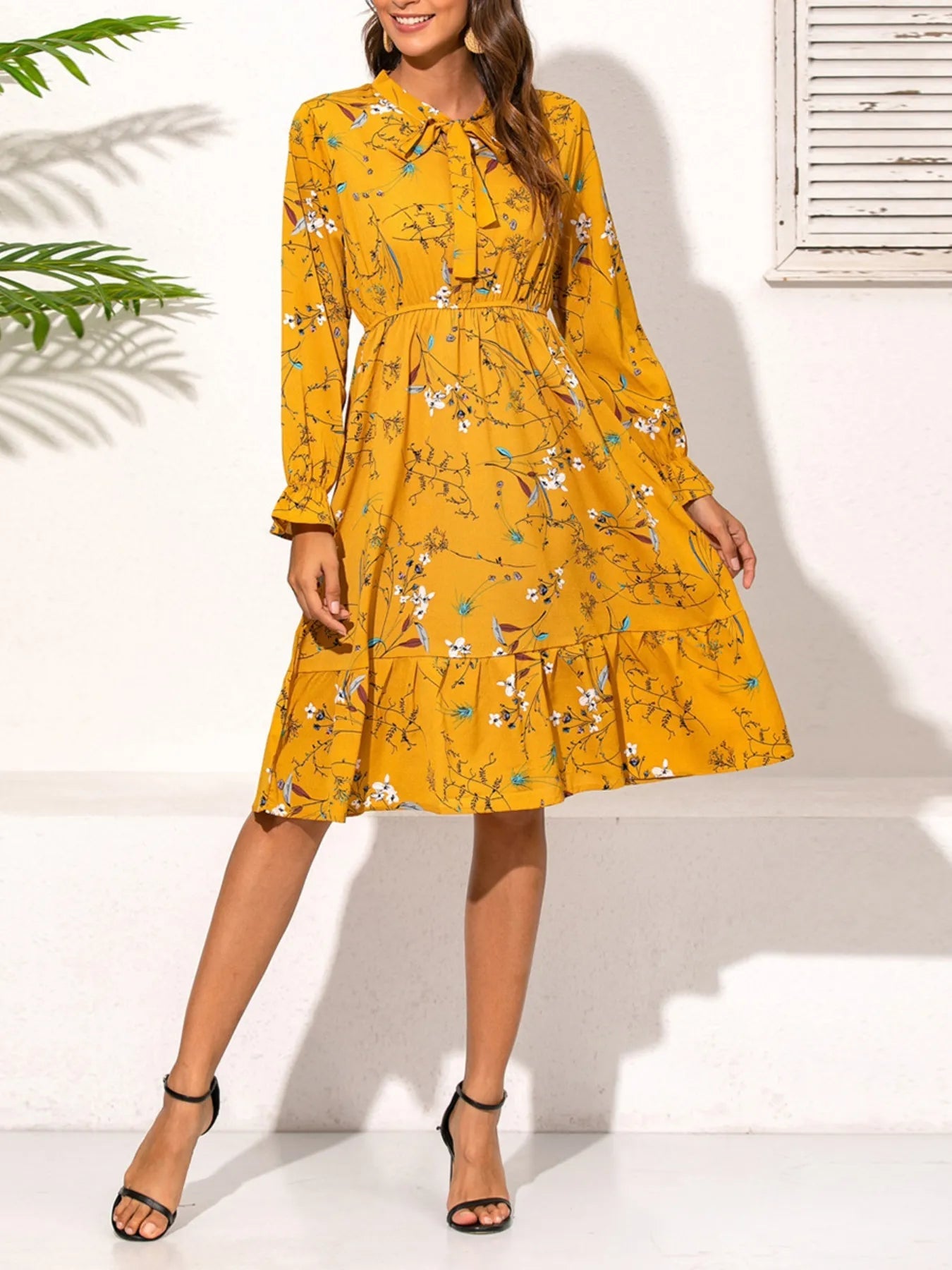 Ruffled Hem Floral Print Long Sleeve Dress - MAD RUFFI