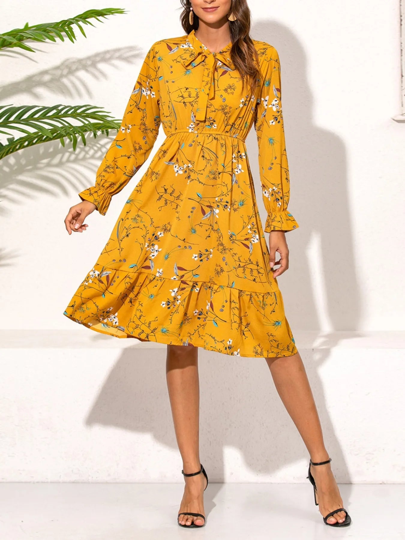 Ruffled Hem Floral Print Long Sleeve Dress - MAD RUFFI