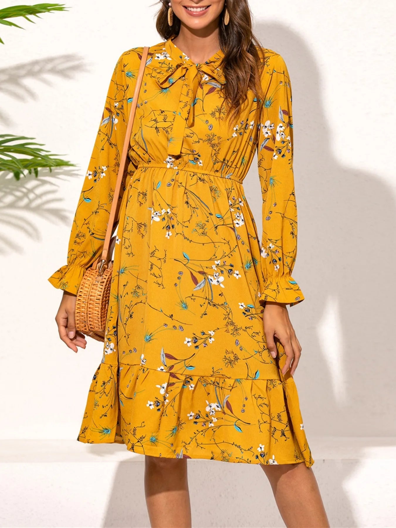 Ruffled Hem Floral Print Long Sleeve Dress - MAD RUFFI