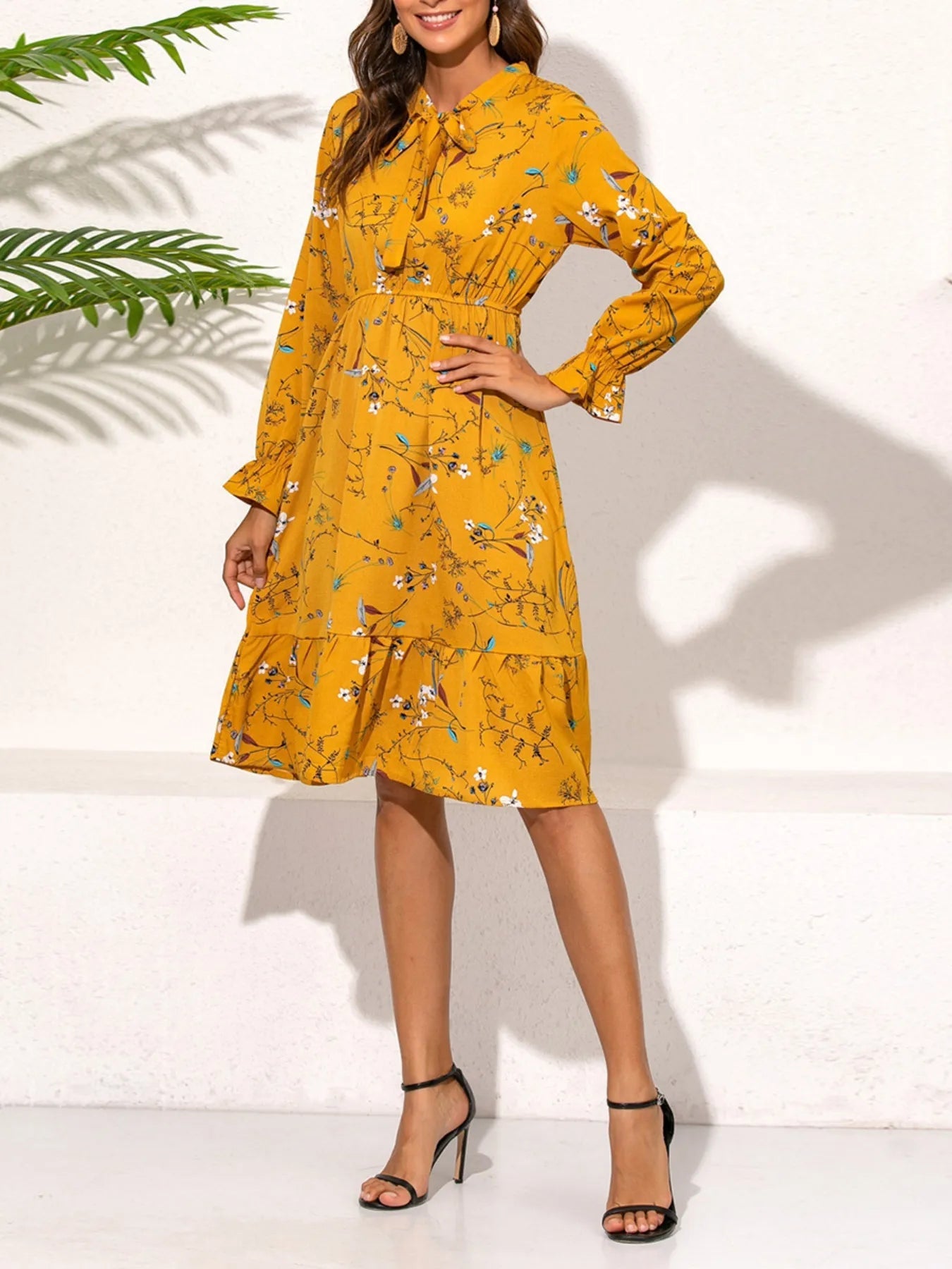 Ruffled Hem Floral Print Long Sleeve Dress - MAD RUFFI