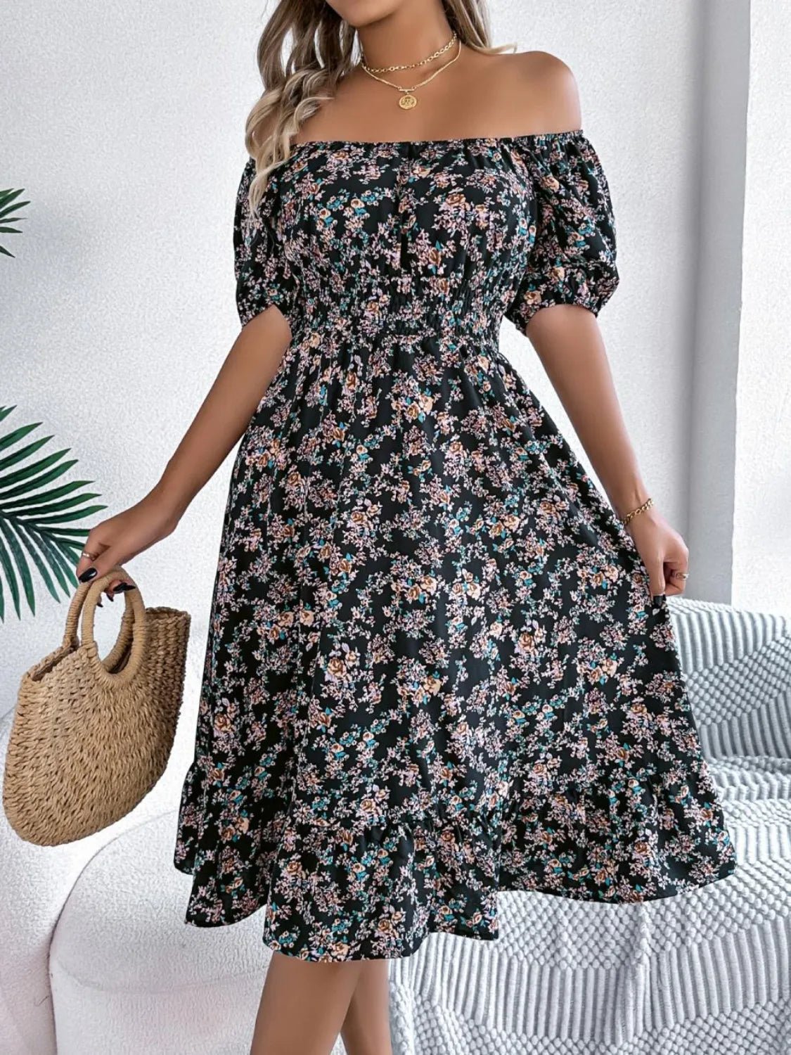 Ruffled Hem Floral Puff Sleeve Dress - MAD RUFFI