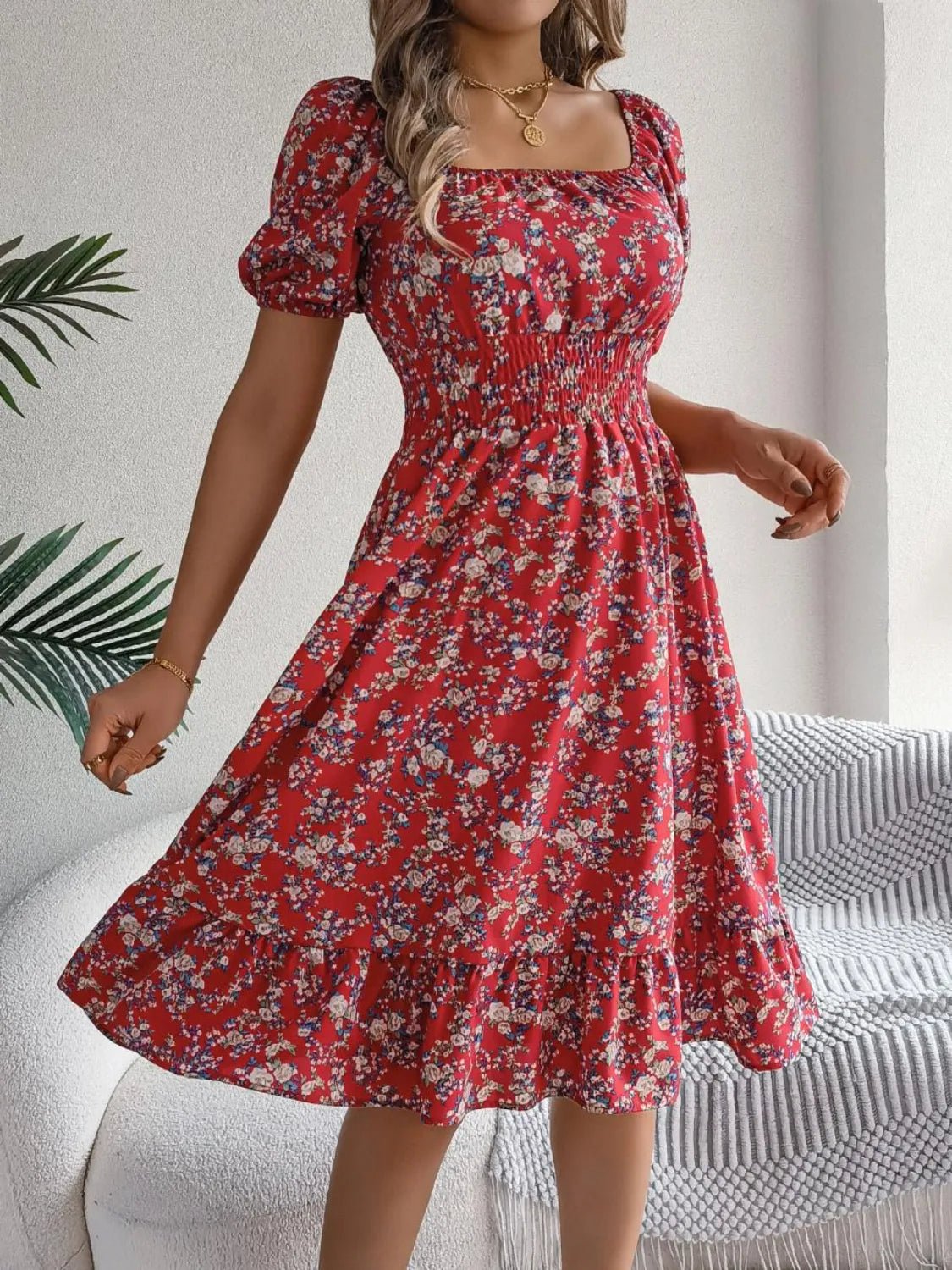 Ruffled Hem Floral Puff Sleeve Dress - MAD RUFFI