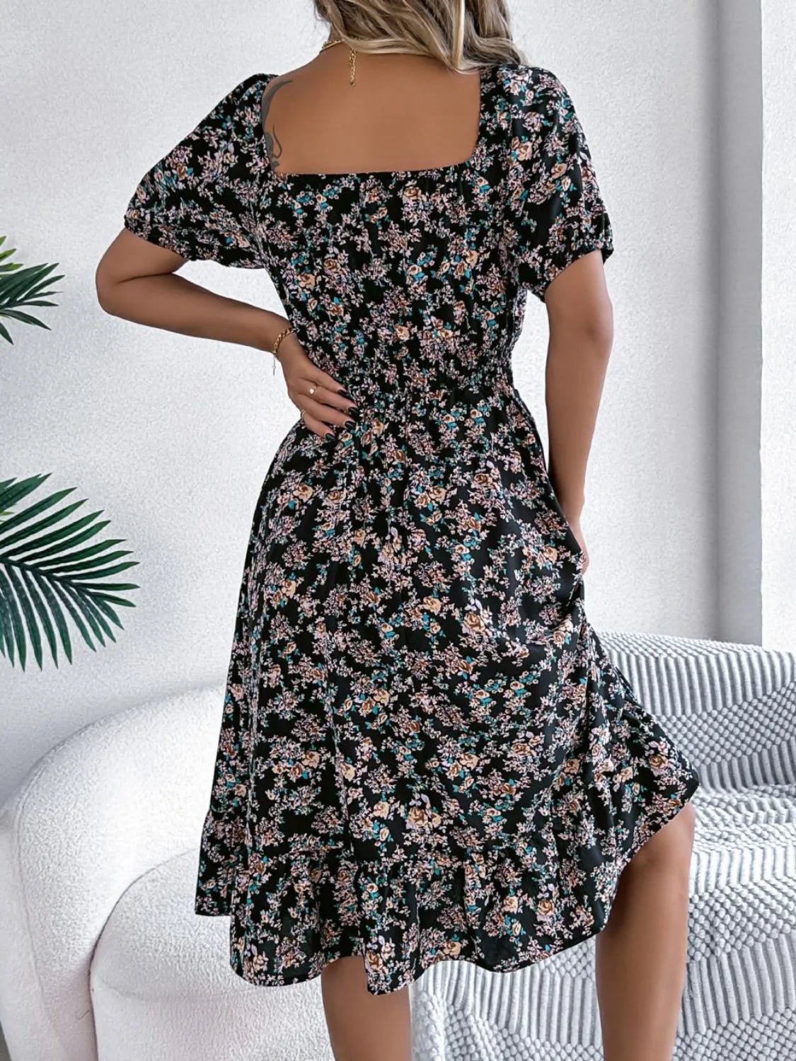 Ruffled Hem Floral Puff Sleeve Dress - MAD RUFFI
