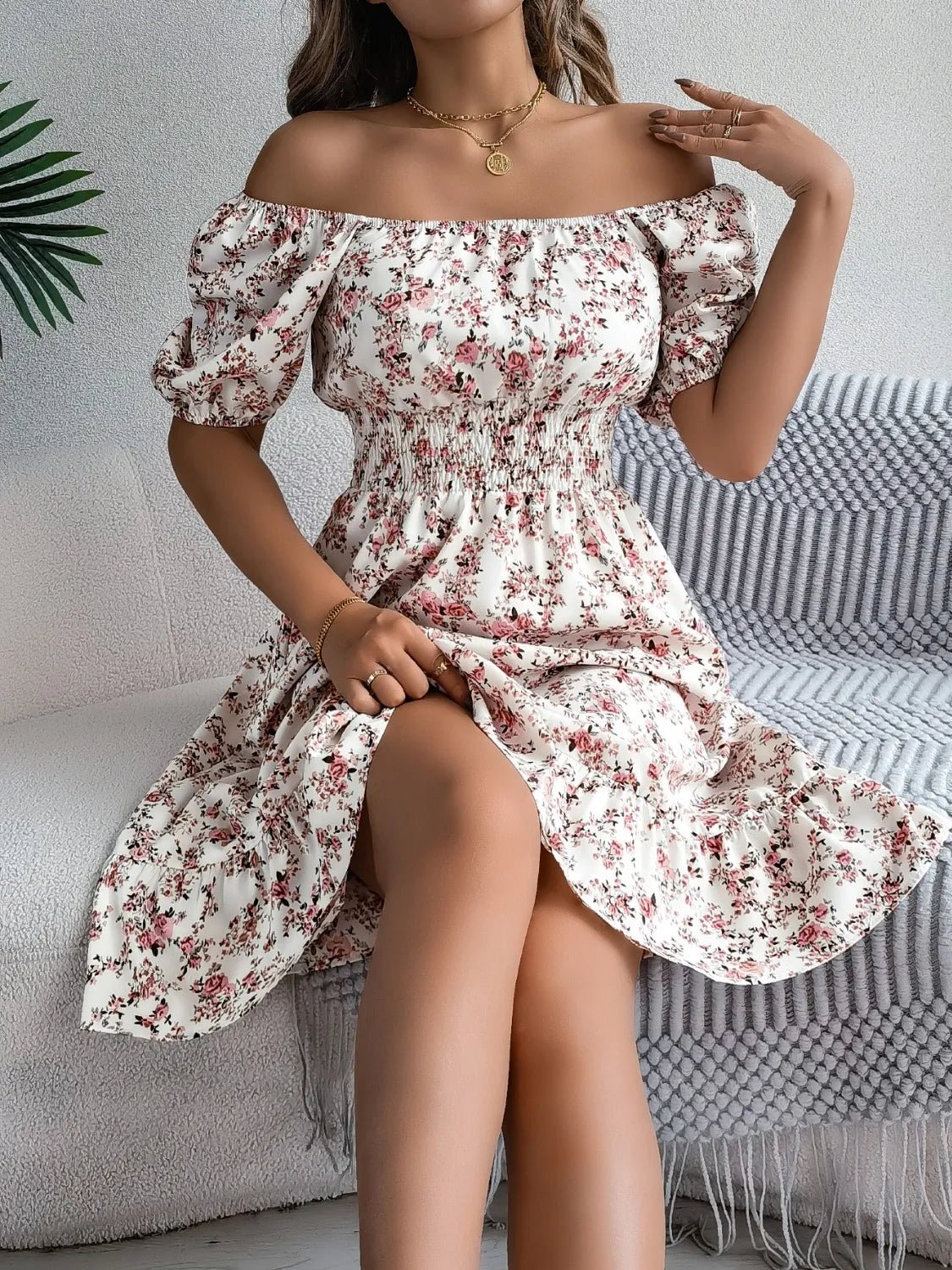 Ruffled Hem Floral Puff Sleeve Dress - MAD RUFFI