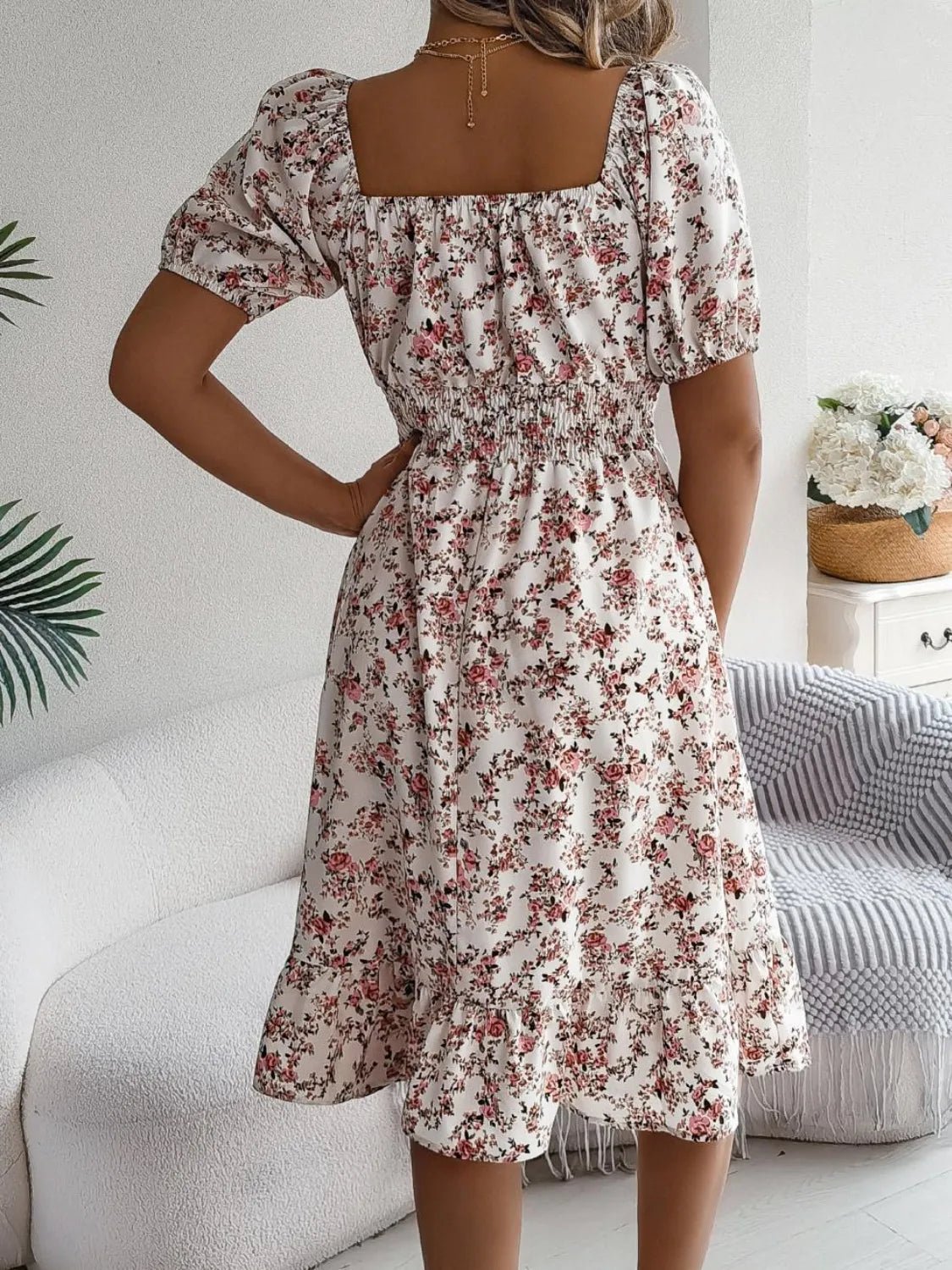 Ruffled Hem Floral Puff Sleeve Dress - MAD RUFFI