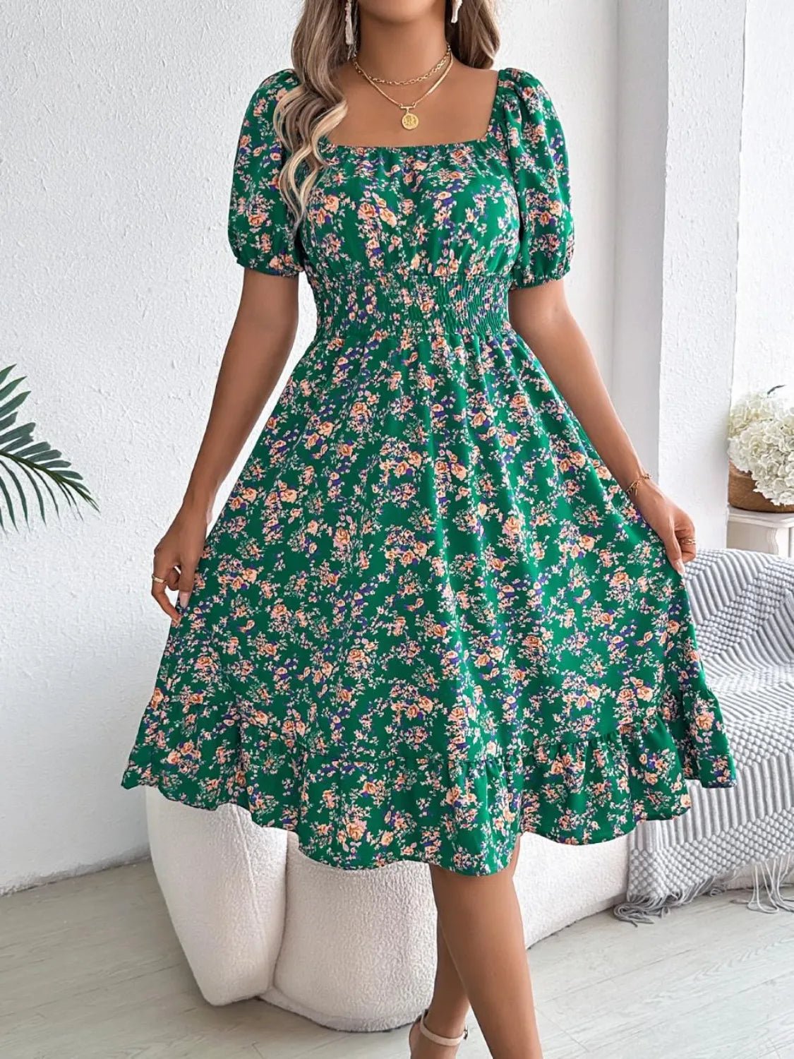 Ruffled Hem Floral Puff Sleeve Dress - MAD RUFFI