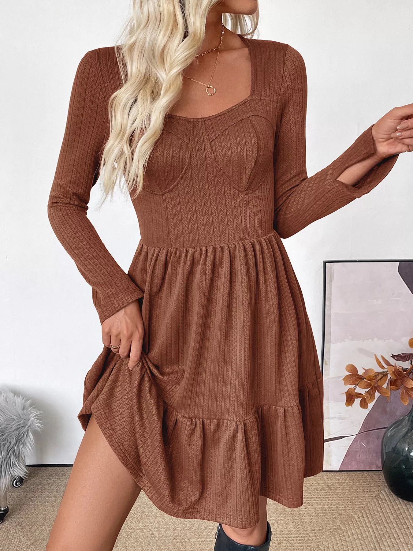 Ruffled Hem Long Sleeve Knit Dress - MAD RUFFI