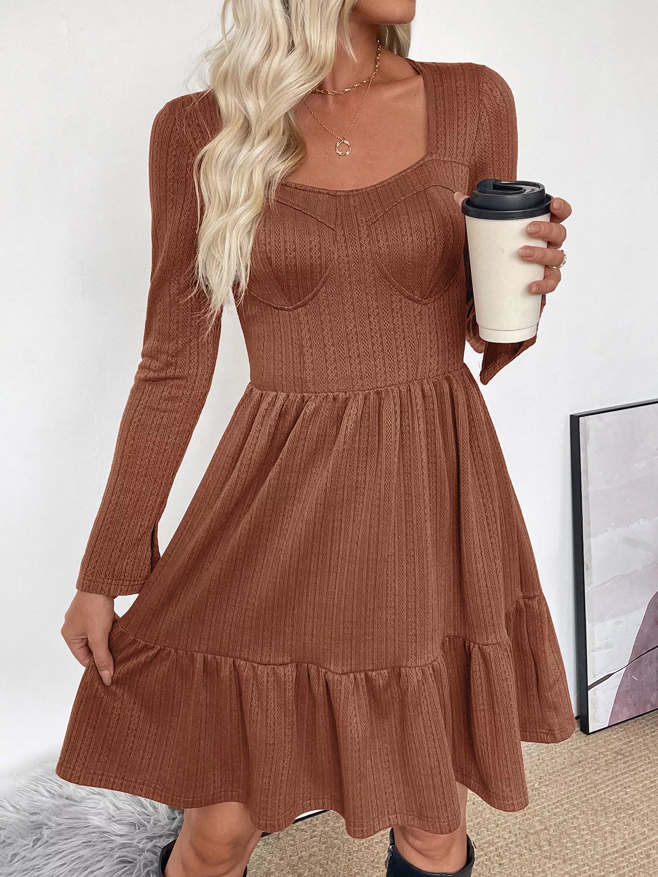Ruffled Hem Long Sleeve Knit Dress - MAD RUFFI