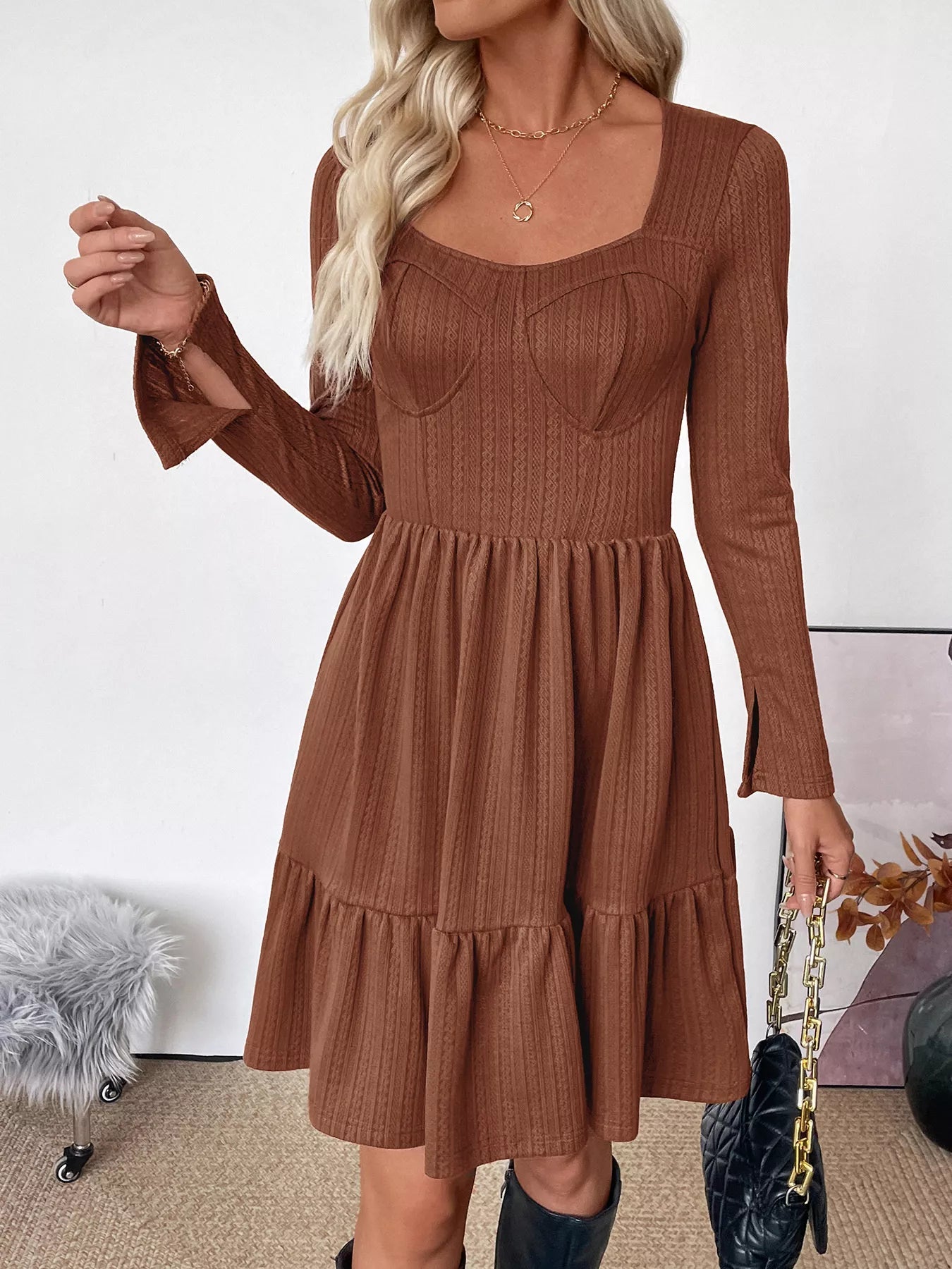 Ruffled Hem Long Sleeve Knit Dress - MAD RUFFI