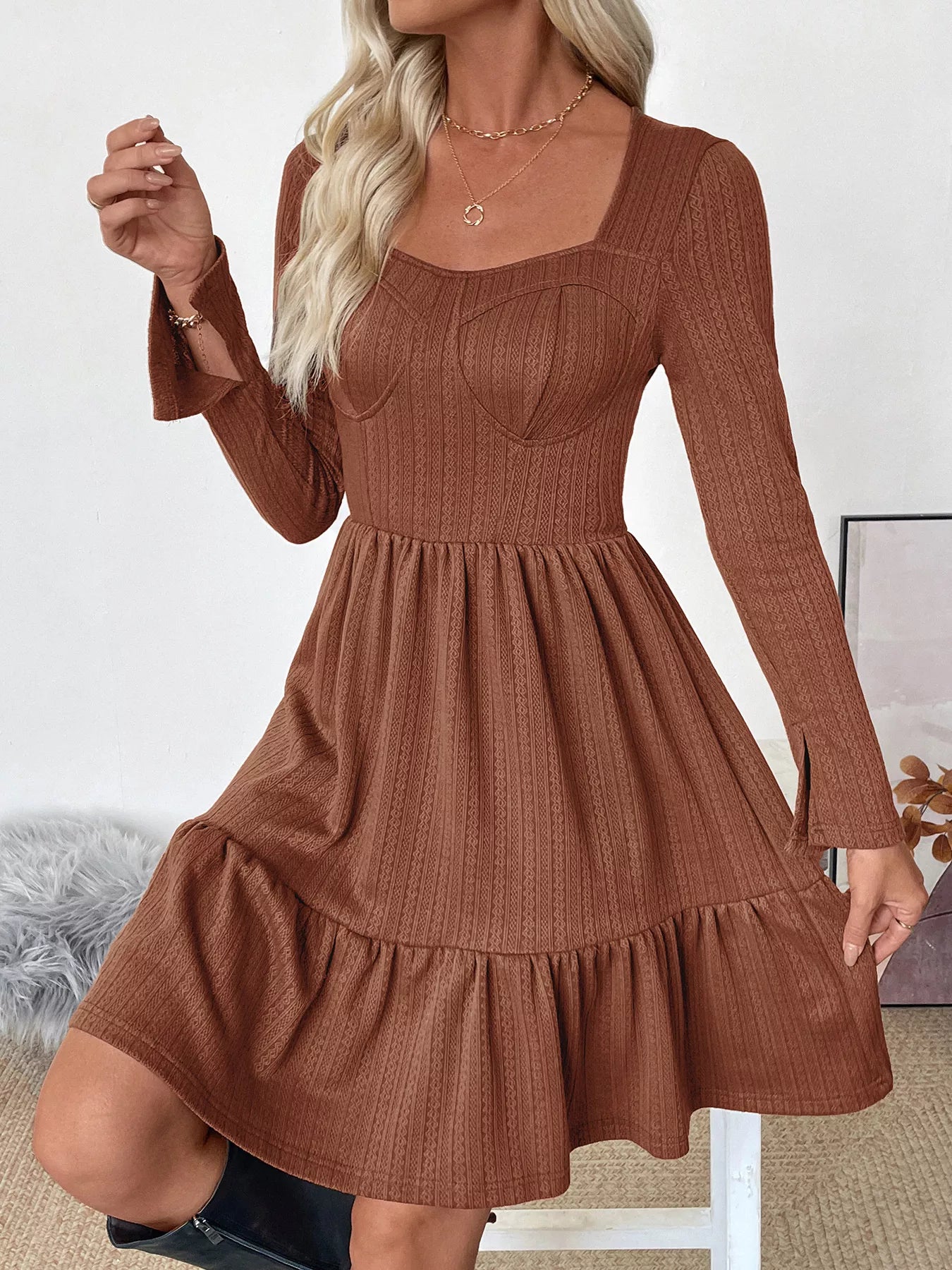 Ruffled Hem Long Sleeve Knit Dress - MAD RUFFI